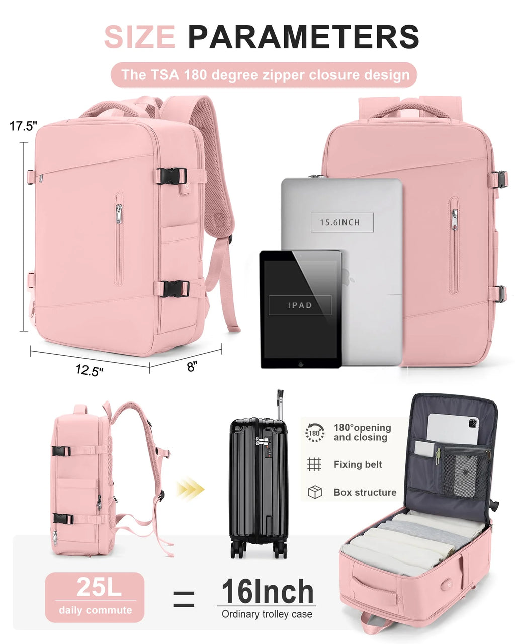 Large Travel Backpack for Women Carry on Laptop Backpack Flight Approved Waterproof College Bag with USB Charging Port & Shoe Pouch Casual Daypack for Adults for Weekender Business, Pink