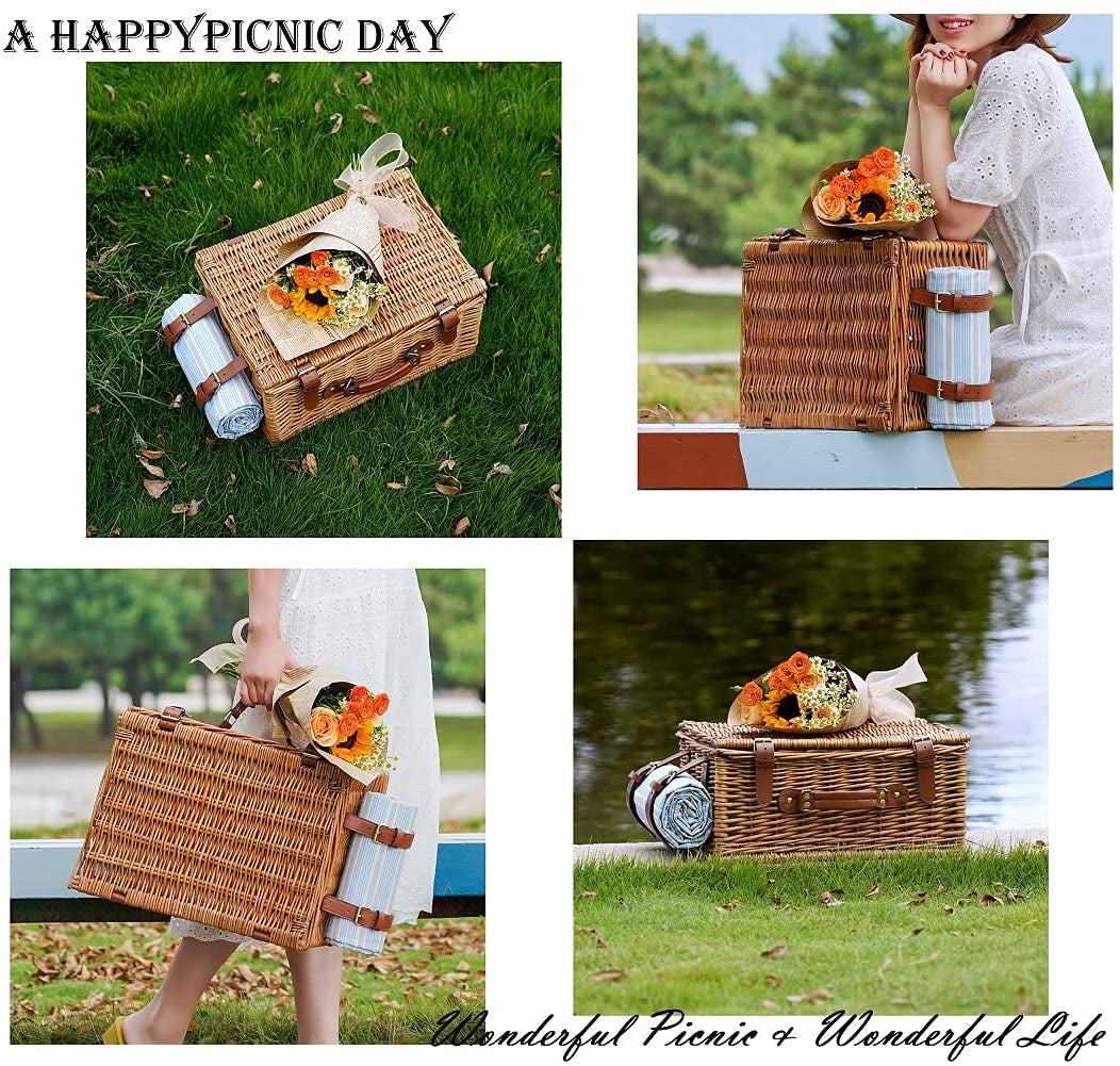 Picnic Basket Set for 2 Persons, Willow Hamper with Large Insulated Cooler Compartment, Waterproof Blanket and Cutlery Service Kit-Classical Brown