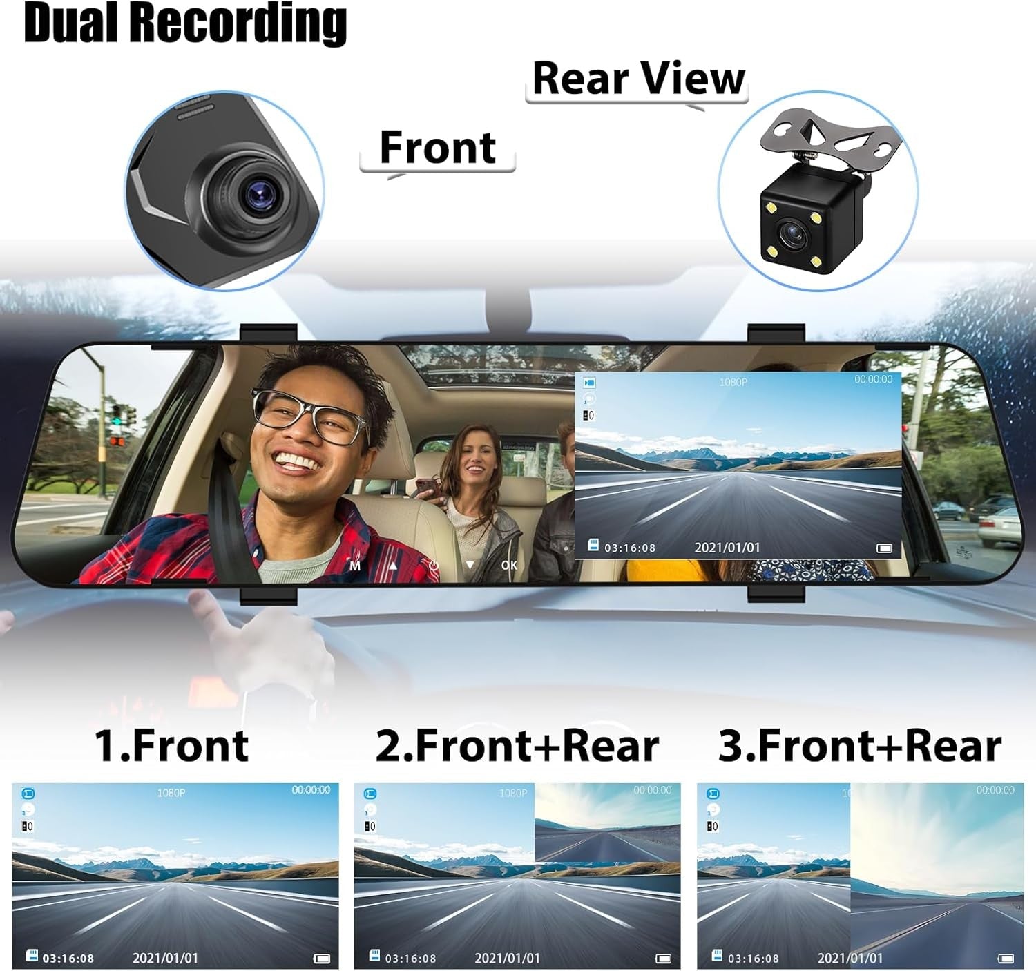 Espejo Retrovisor Con Camara Delantera & Trasera 3EN1 Coche Dash Cam Video DVR