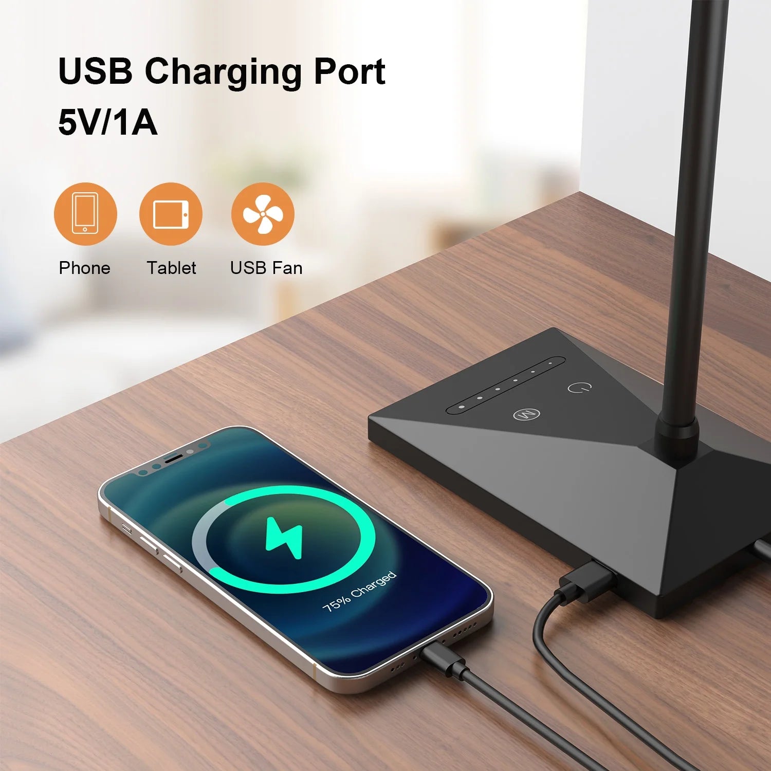 12W 72 Leds LED Desk Lamp USB Charging Port 5 Modes 7 Brightness Touch Control Eye Caring Table Reading Light Black