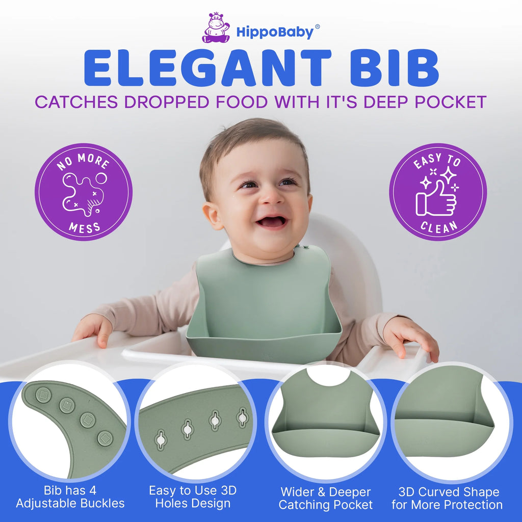 Baby Led Weaning Supplies | 10 Piece Silicone Feeding Set | Baby Toddler Bib Cup Divided Plate and Bowl Self Feeding Spoons Dish Set | Toddler Feeding Supplies (Sage)