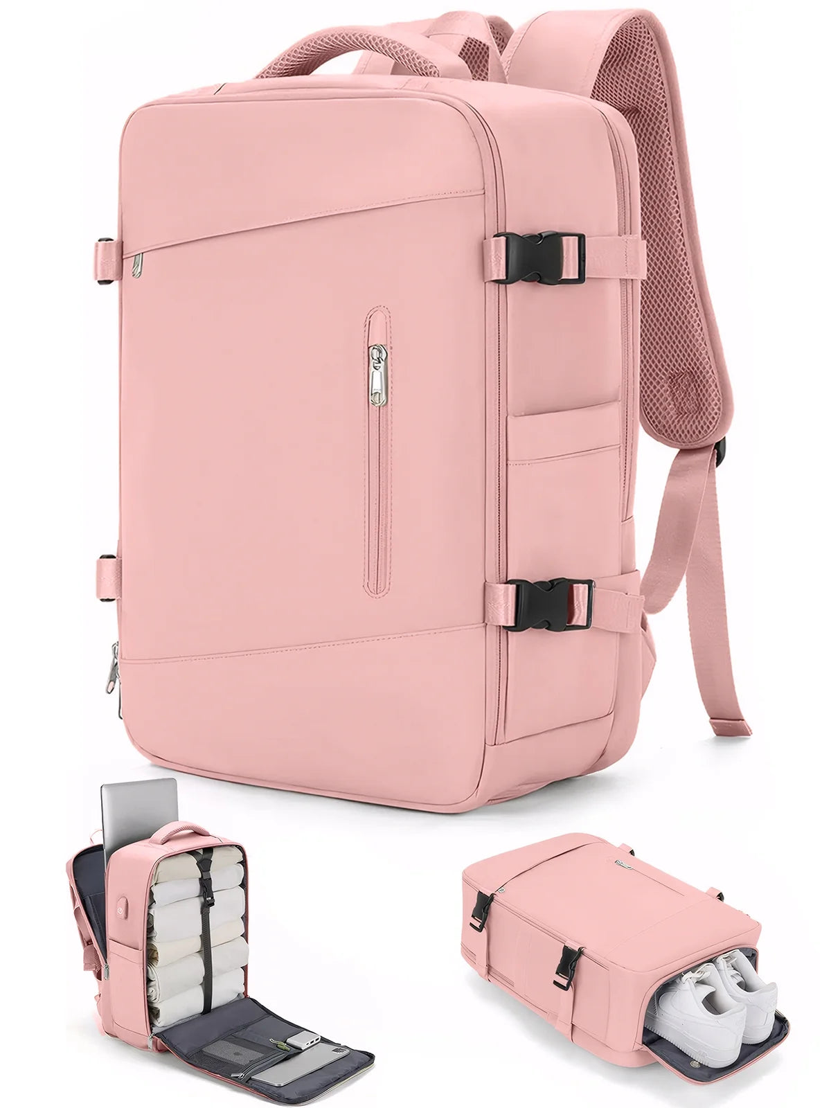 Large Travel Backpack for Women Carry on Laptop Backpack Flight Approved Waterproof College Bag with USB Charging Port & Shoe Pouch Casual Daypack for Adults for Weekender Business, Pink