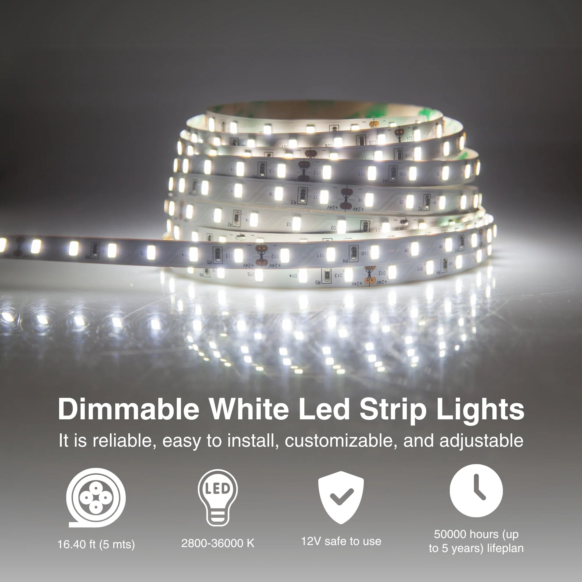 LED Light Strip for Indoor Use, White Plastic, 16.4 Ft