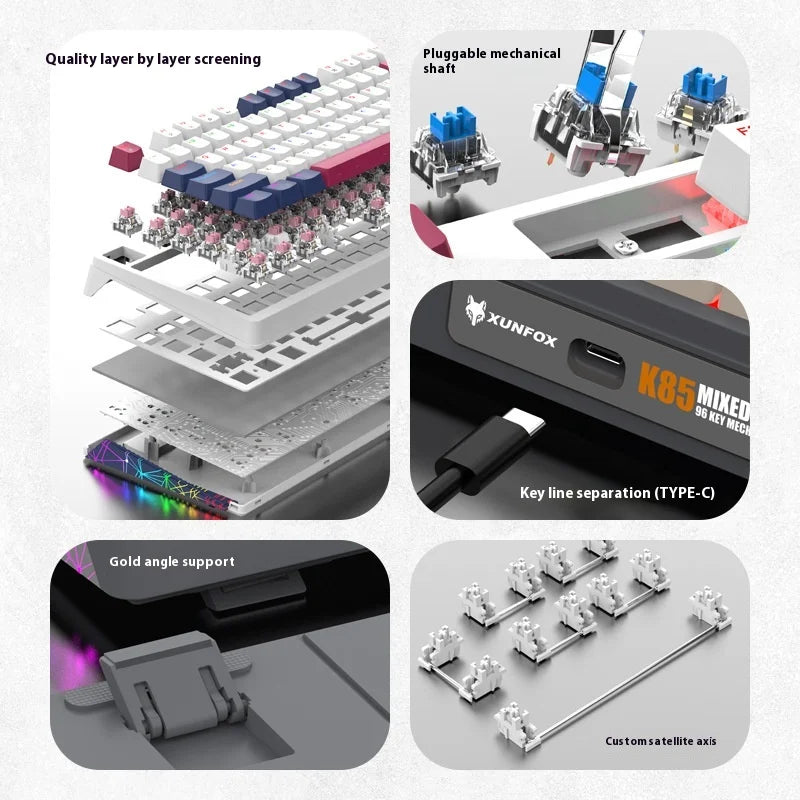 XUNFOX K85 wired mechanical keyboard for esports games, hot swappable desktop computer for office and home use, illuminated USB