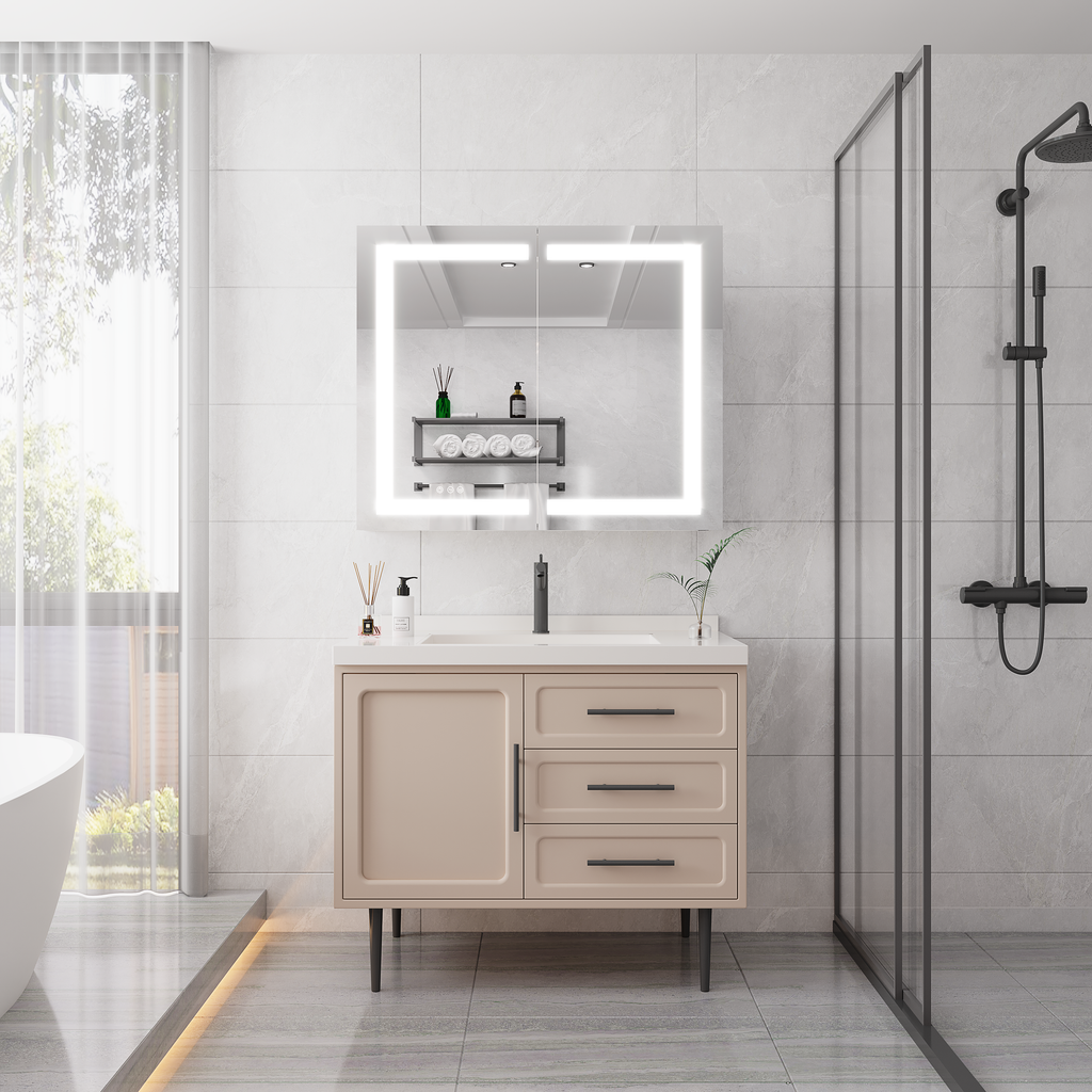 36 x 30 inch Medicine Cabinet with LED Vanity Mirror Anti-Fog  Recessed or Surface Mount Waterproof DimmableAluminum 3000K~6000K Lighted Double Door Bathroom Cabinet with Touch Switch