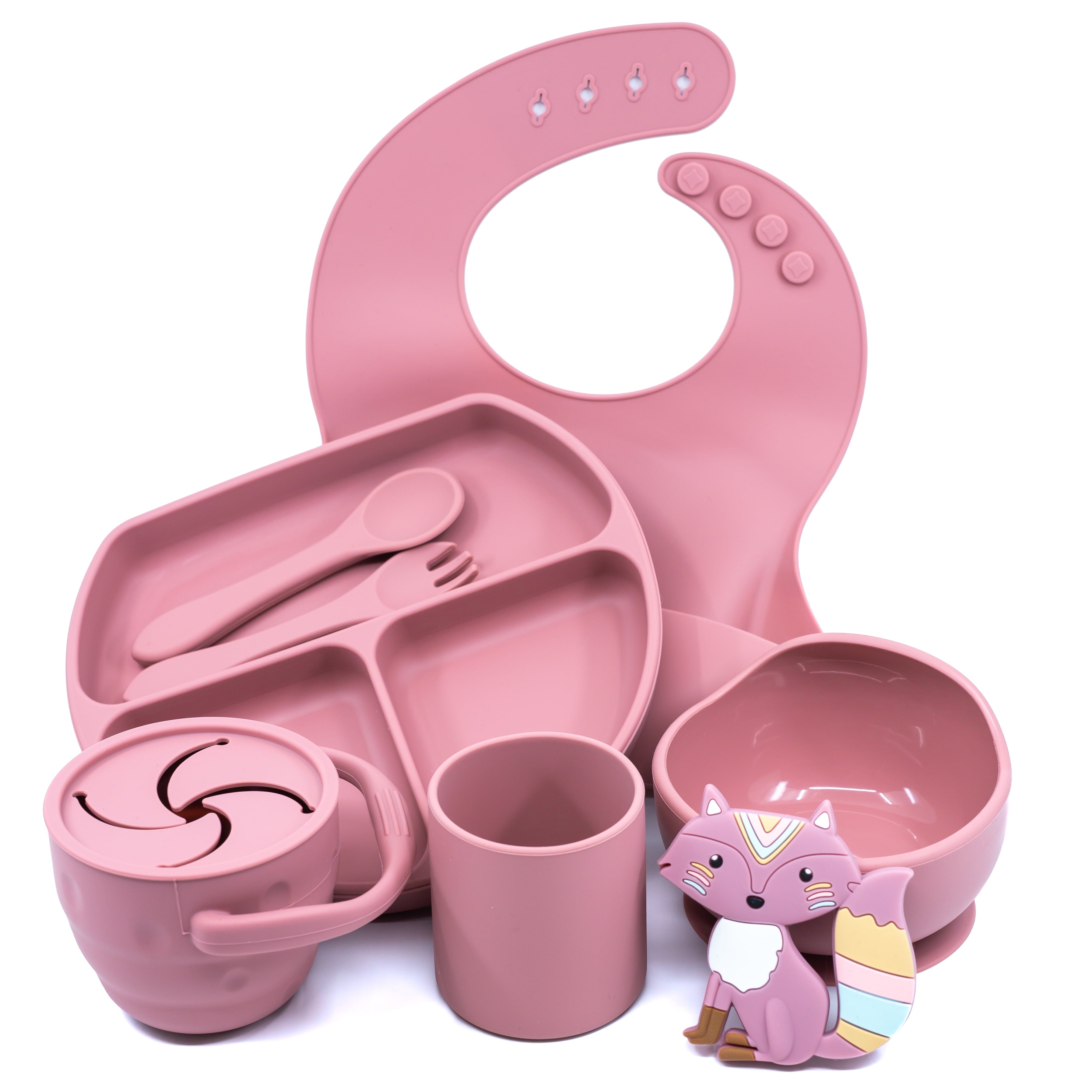 Turkish Pink Silicone Baby and Toddler Self-Eating Food Plates Set with Utensils (8 Piece Set)