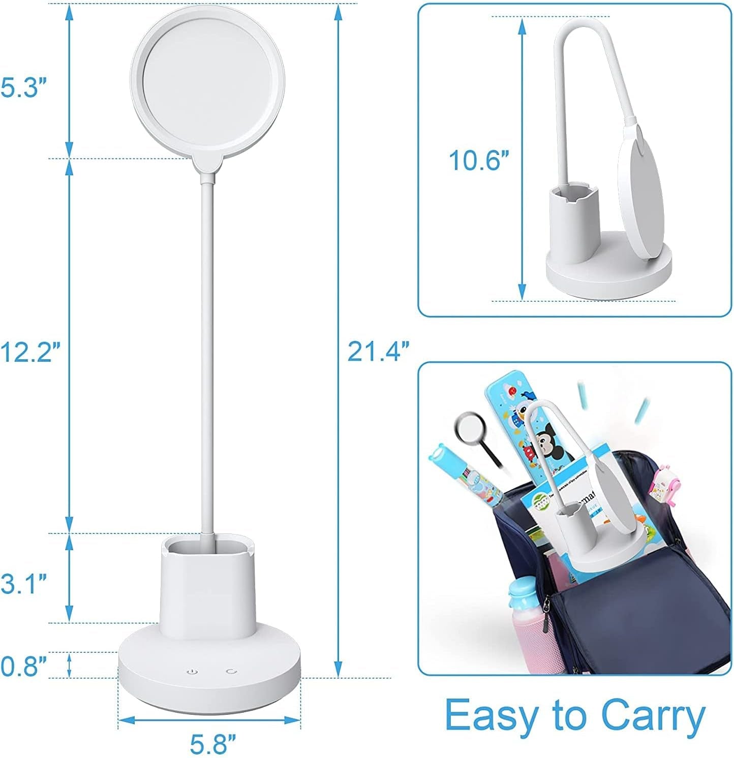 LED Desk Lamp, Touch Control Desk Lamp Rechargeable 3 Color Modes with Stepless Dimmable, 360°Flexible Desk Lamp with Pen Holder, Battery Operated White Desk Lamp for Students, Dorm Reading