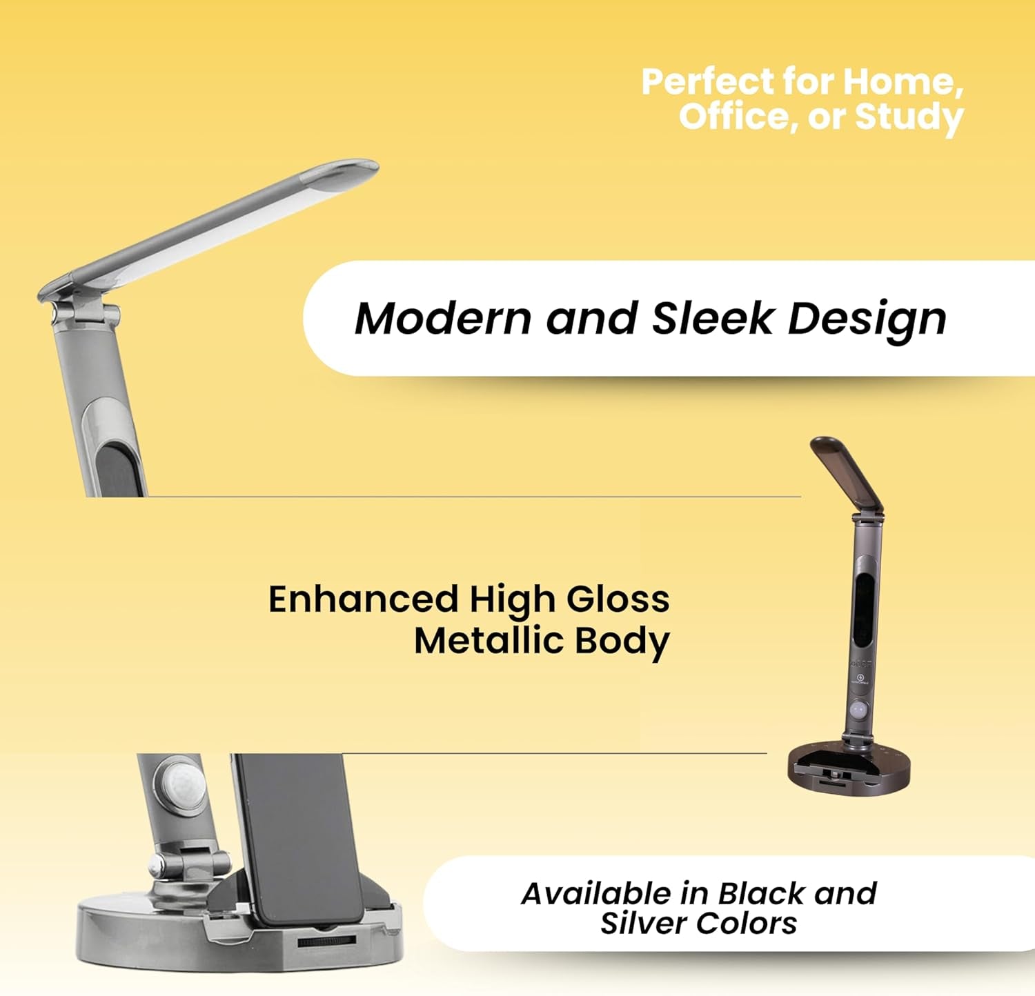 Lamp with Charging Station - Dimmable LED Desk Lamp with Qi 10W Fast Wireless Charger, Motion Sensor, Calendar Display, Alarm Clock, and USB Port, Compatible with Multiple Devices