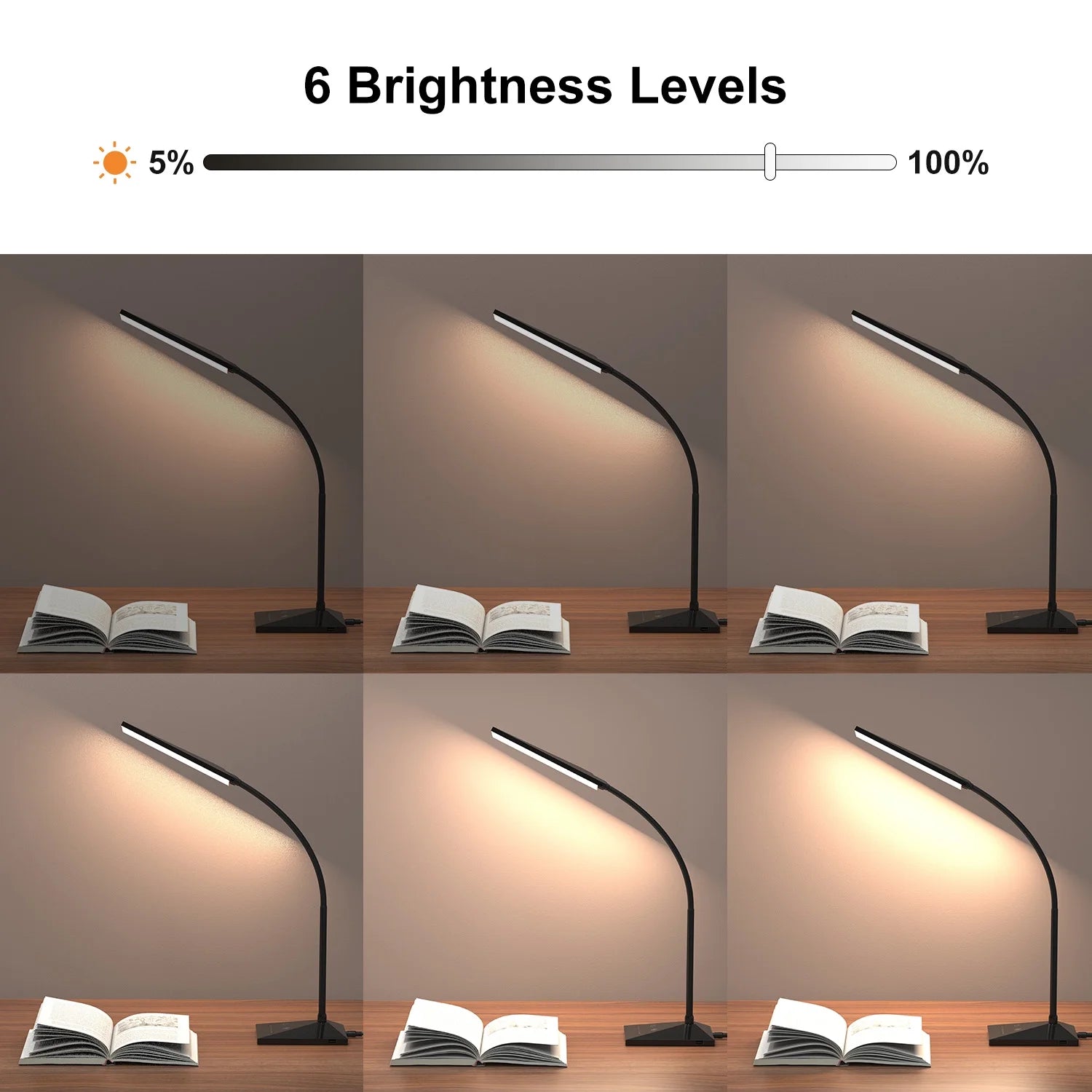 12W 72 Leds LED Desk Lamp USB Charging Port 5 Modes 7 Brightness Touch Control Eye Caring Table Reading Light Black