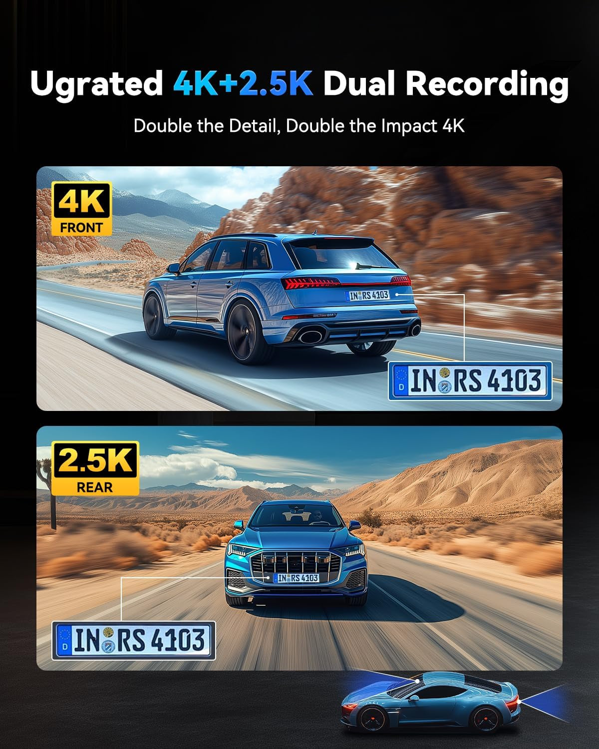 T860+ Mirror Dash Cam 4K Front and 2.5K Rear, Detached Front Camera for 10-Minute Install, 3X Zoom Rear View Mirror Camera, 64GB Card Included, Night Vision, WDR, Parking Assist, GPS