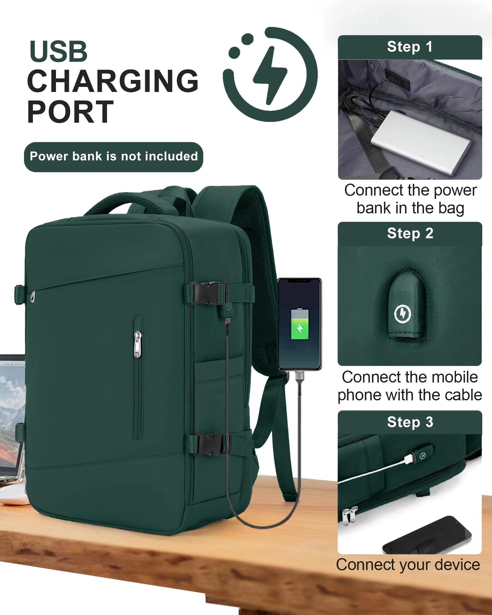 Large Travel Backpack for Adults Carry on Laptop Backpack Flight Approved Waterproof College Bag with USB Charging Port & Shoe Pouch Casual Daypack for Women Men for Weekender Business, Green