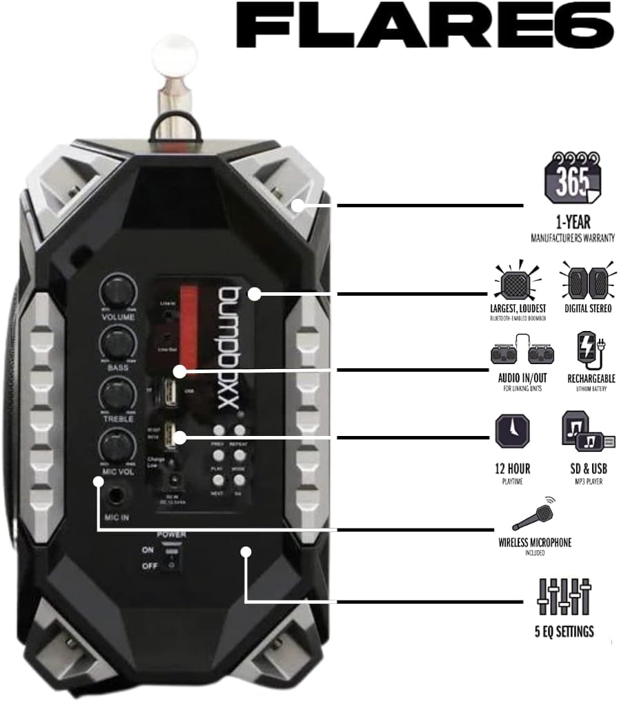 Bluetooth Boombox Flare6 Black | Retro Boombox with Bluetooth Speaker | Includes Rechargeable Lithium Battery, Carrying Strap & Remote | Quality Loud Sound with Bass