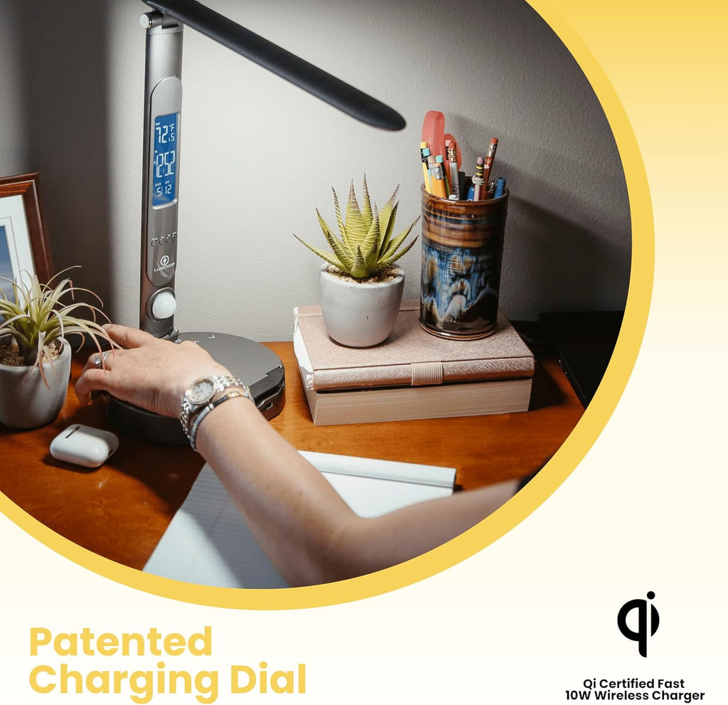 Lamp with Charging Station - Dimmable LED Desk Lamp with Qi 10W Fast Wireless Charger, Motion Sensor, Calendar Display, Alarm Clock, and USB Port, Compatible with Multiple Devices