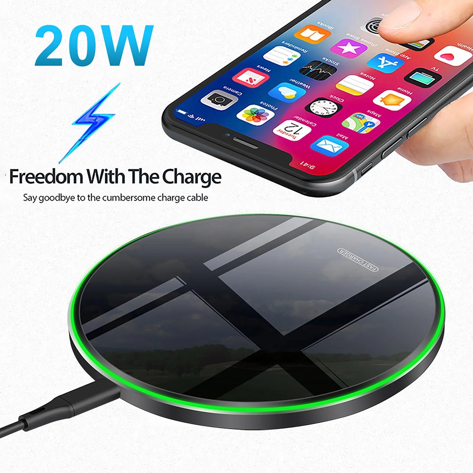 20W Wireless Charger Fast Charging Station for Iphone 15 14 13 12 11 X 8 Airpods Samsung Galaxy Black