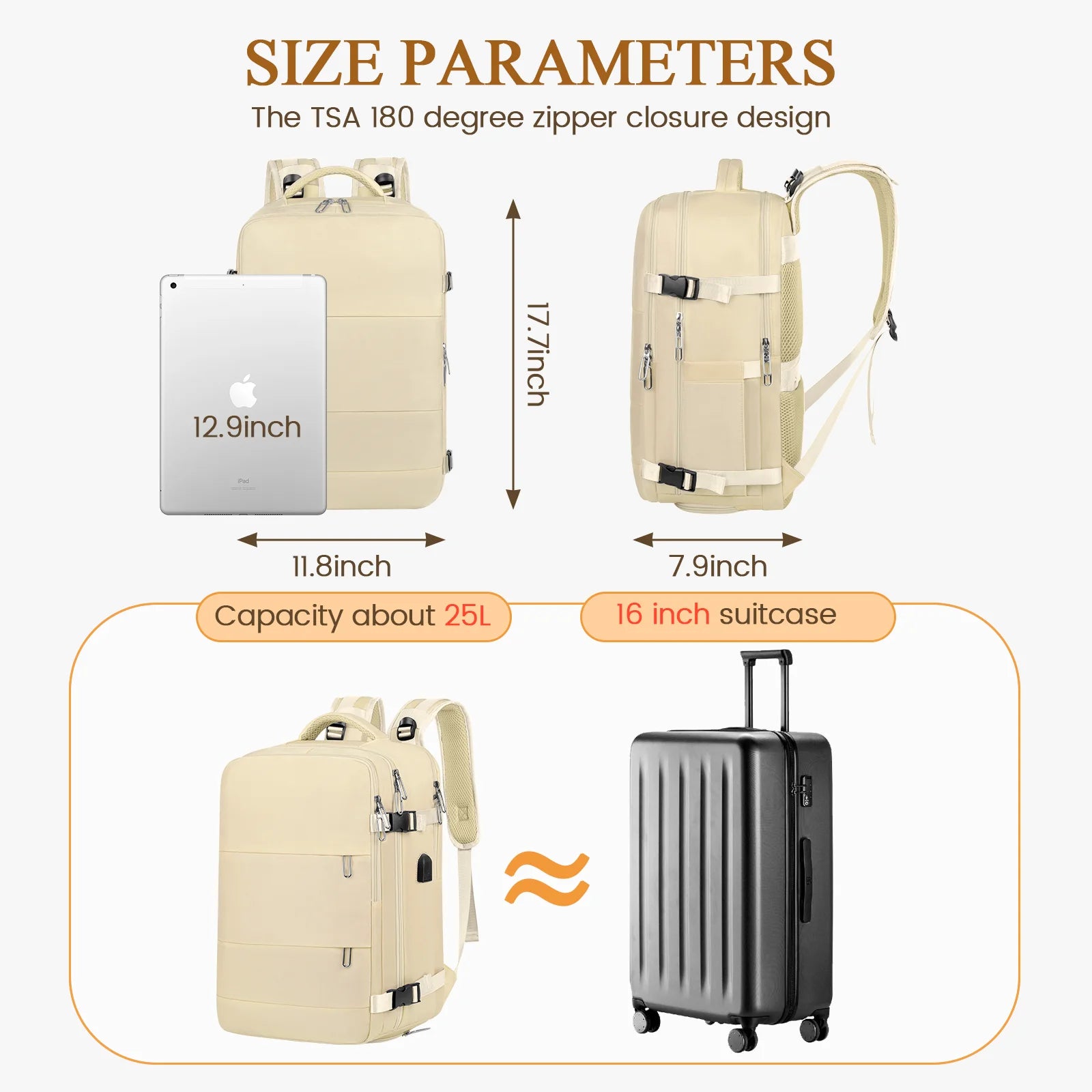 Travel Backpack for Women with USB Charging Port, Tsa-Approved Laptop Backpack, Lightweight Carry on Backpack Fit 15.6” Laptop for Weekend Trips, Business Travel & Hiking,Beige