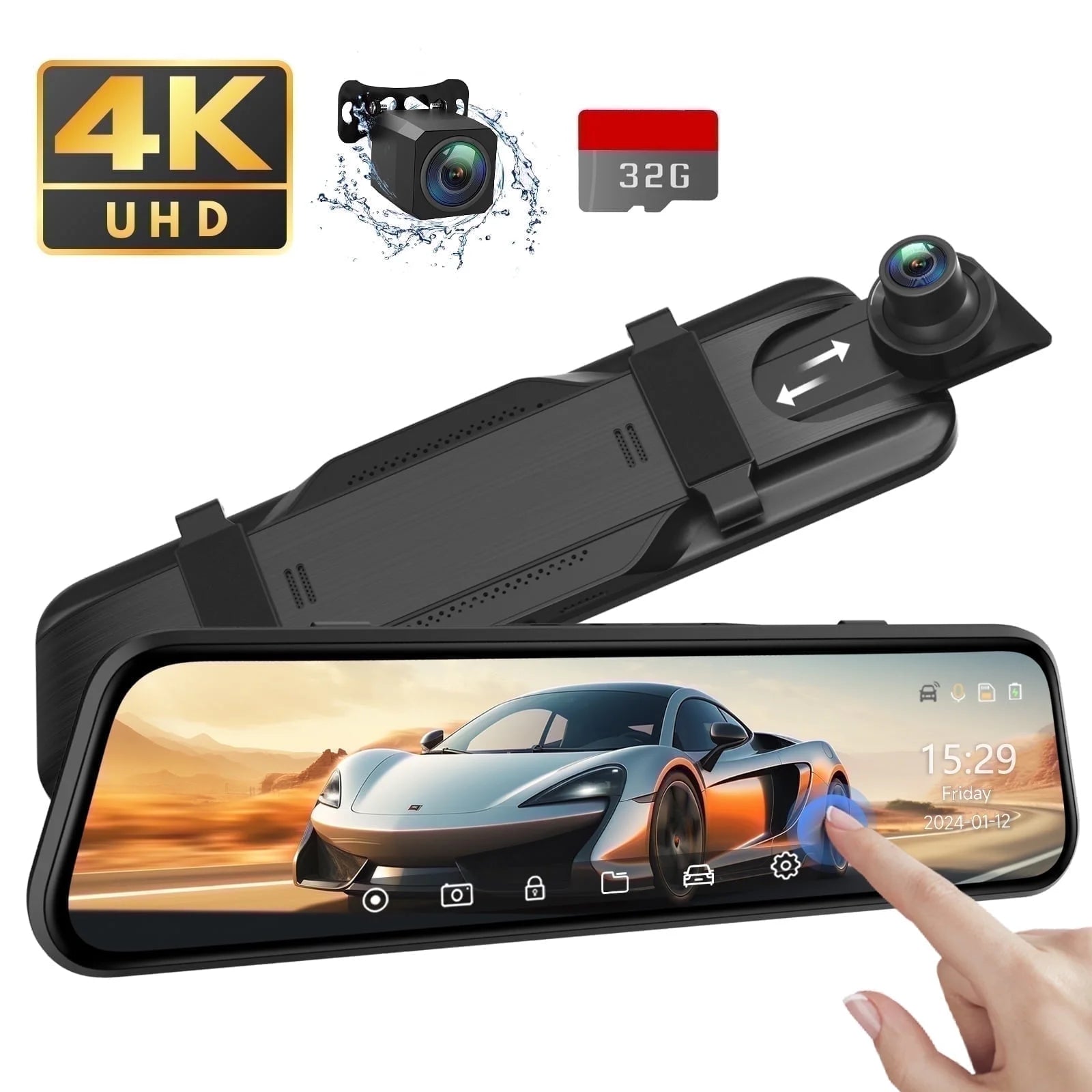 4K UHD Dual Dash Cam Front and Rear, 10"Touch Screen Mirror Camera, Night Vision, Voice Control, G-Sensor, 32GB SD"