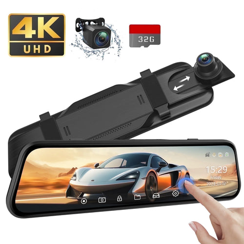 4K UHD Dual Dash Cam Front and Rear, 10"Touch Screen Mirror Camera, Night Vision, Voice Control, G-Sensor, 32GB SD"