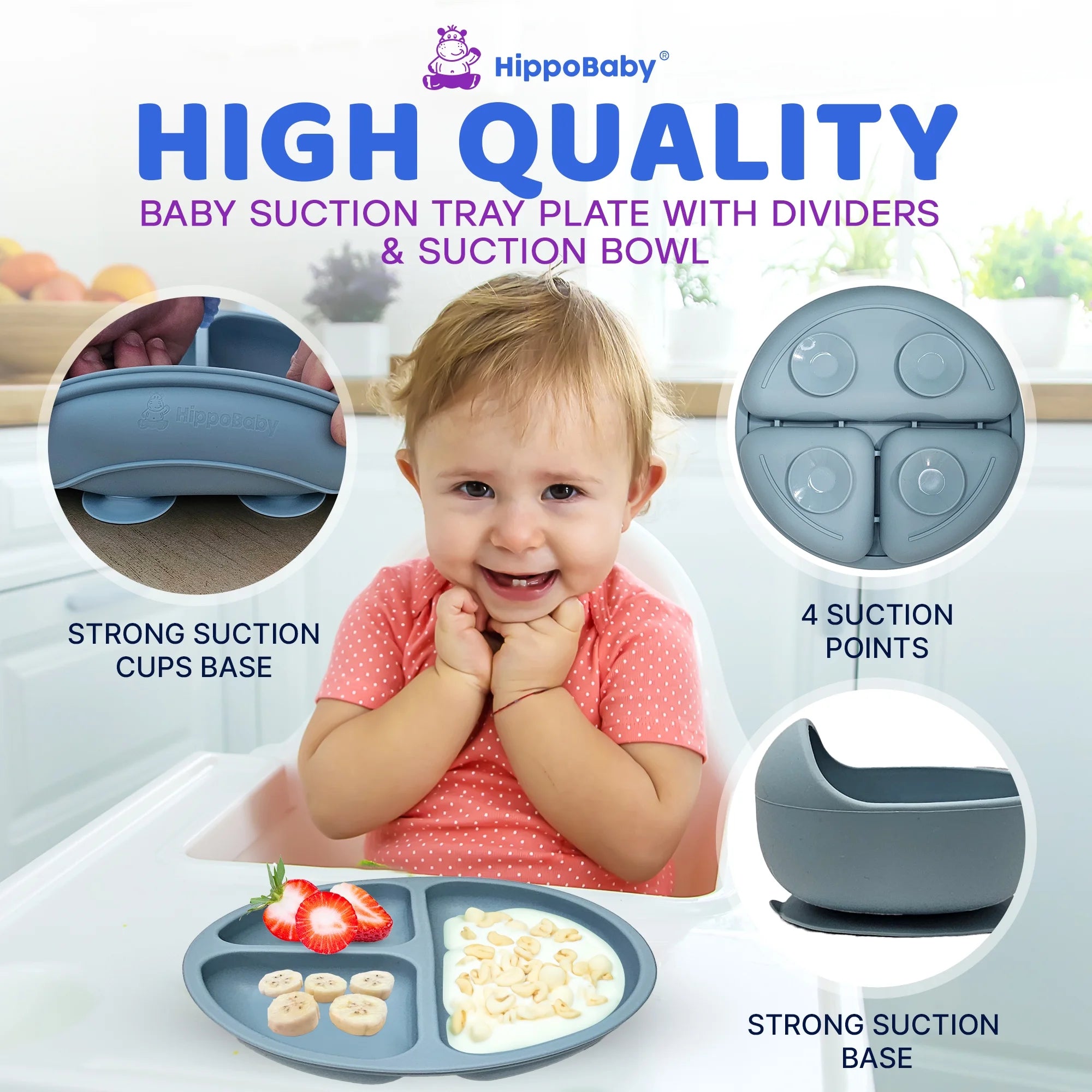 10 Piece Silicone Baby Feeding Set with Bib, Cup, Divided Plate, Bowl, and Self-Feeding Spoons (Sky)