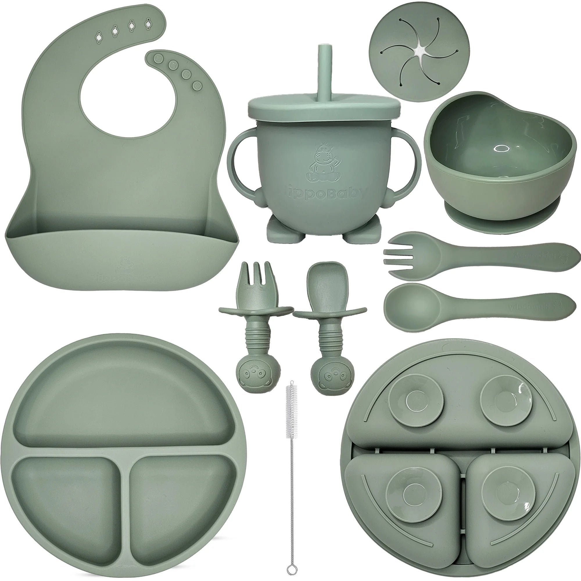 Baby Led Weaning Supplies | 10 Piece Silicone Feeding Set | Baby Toddler Bib Cup Divided Plate and Bowl Self Feeding Spoons Dish Set | Toddler Feeding Supplies (Sage)