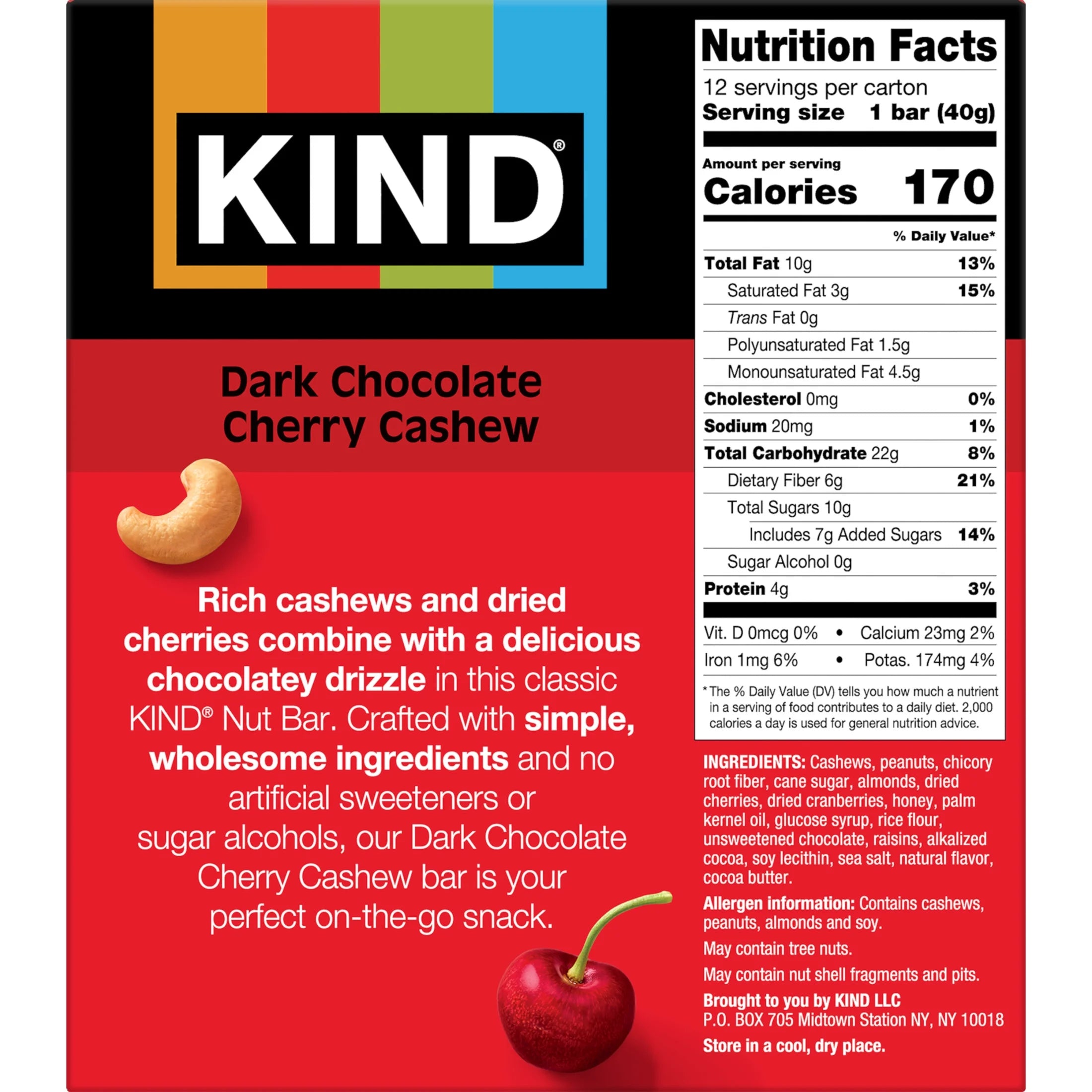 Gluten Free Dark Chocolate Cherry Cashew Snack Bars, 1.4 Oz, 12 Count Box