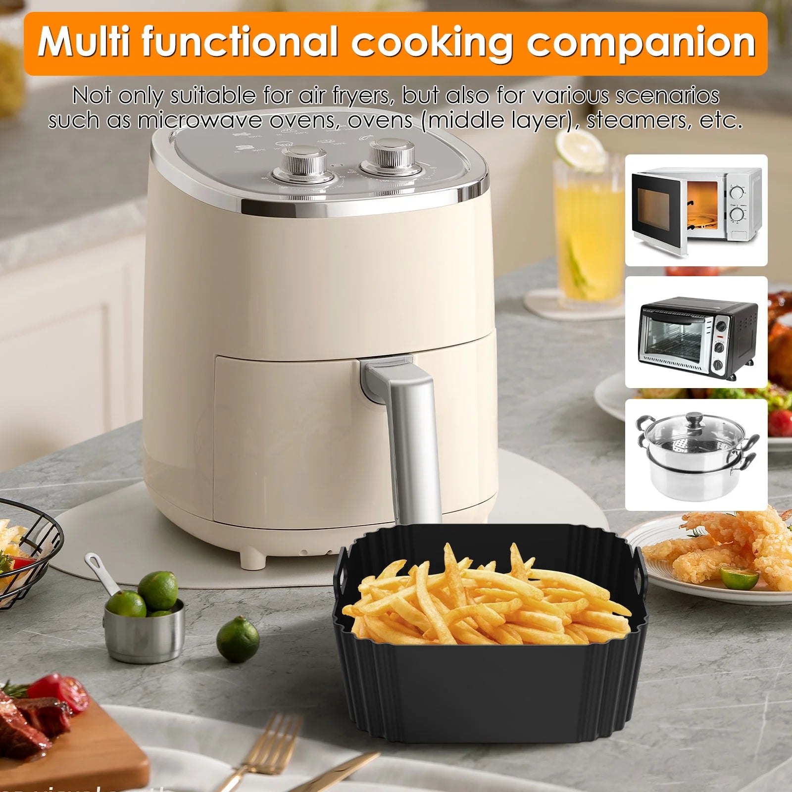 2Pcs Air Fryer Silicone Pot with Handle Reusable Air Fryer Liner Heat Resistant Air Fryer Silicone Basket Square Baking Tray Air Fryer Accessories Liners Baking Pan for Air Fryer Microwave