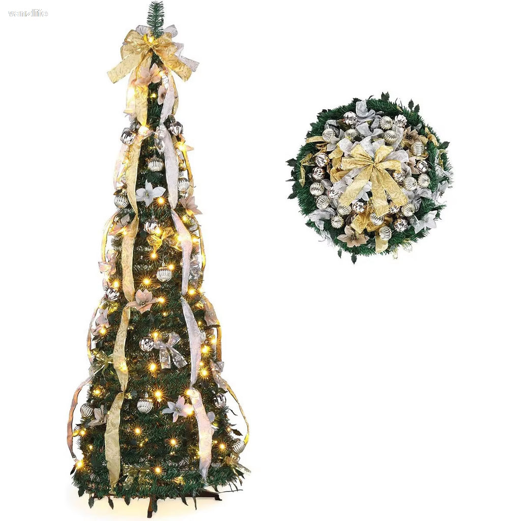 Retractable Folding Christmas Tree (4ft-6ft) with Integrated Lights - Decorative Spiral Design