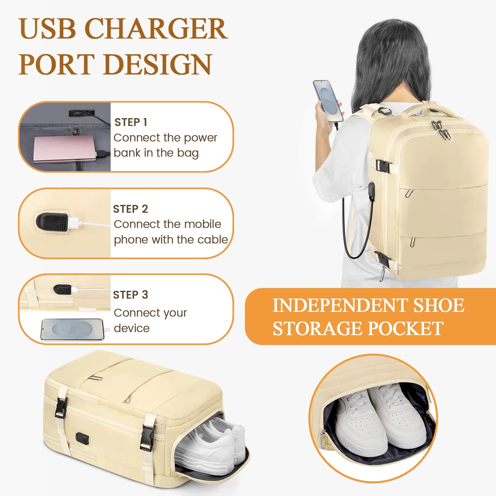 Travel Backpack for Women with USB Charging Port, Tsa-Approved Laptop Backpack, Lightweight Carry on Backpack Fit 15.6” Laptop for Weekend Trips, Business Travel & Hiking,Beige