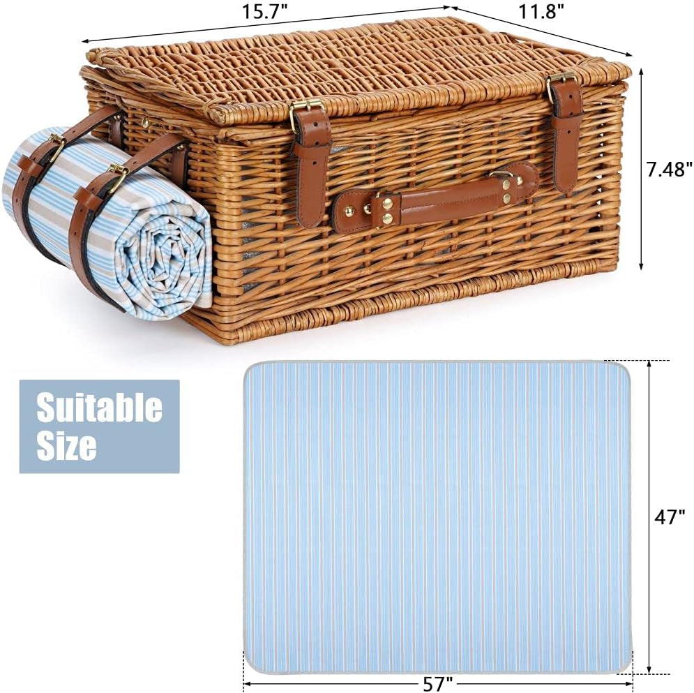 Picnic Basket Set for 2 Persons, Willow Hamper with Large Insulated Cooler Compartment, Waterproof Blanket and Cutlery Service Kit-Classical Brown