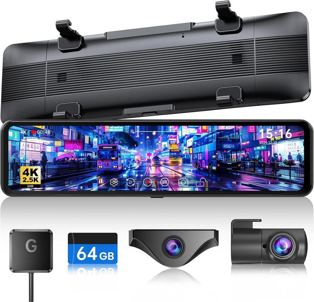 T860+ Mirror Dash Cam 4K Front and 2.5K Rear, Detached Front Camera for 10-Minute Install, 3X Zoom Rear View Mirror Camera, 64GB Card Included, Night Vision, WDR, Parking Assist, GPS