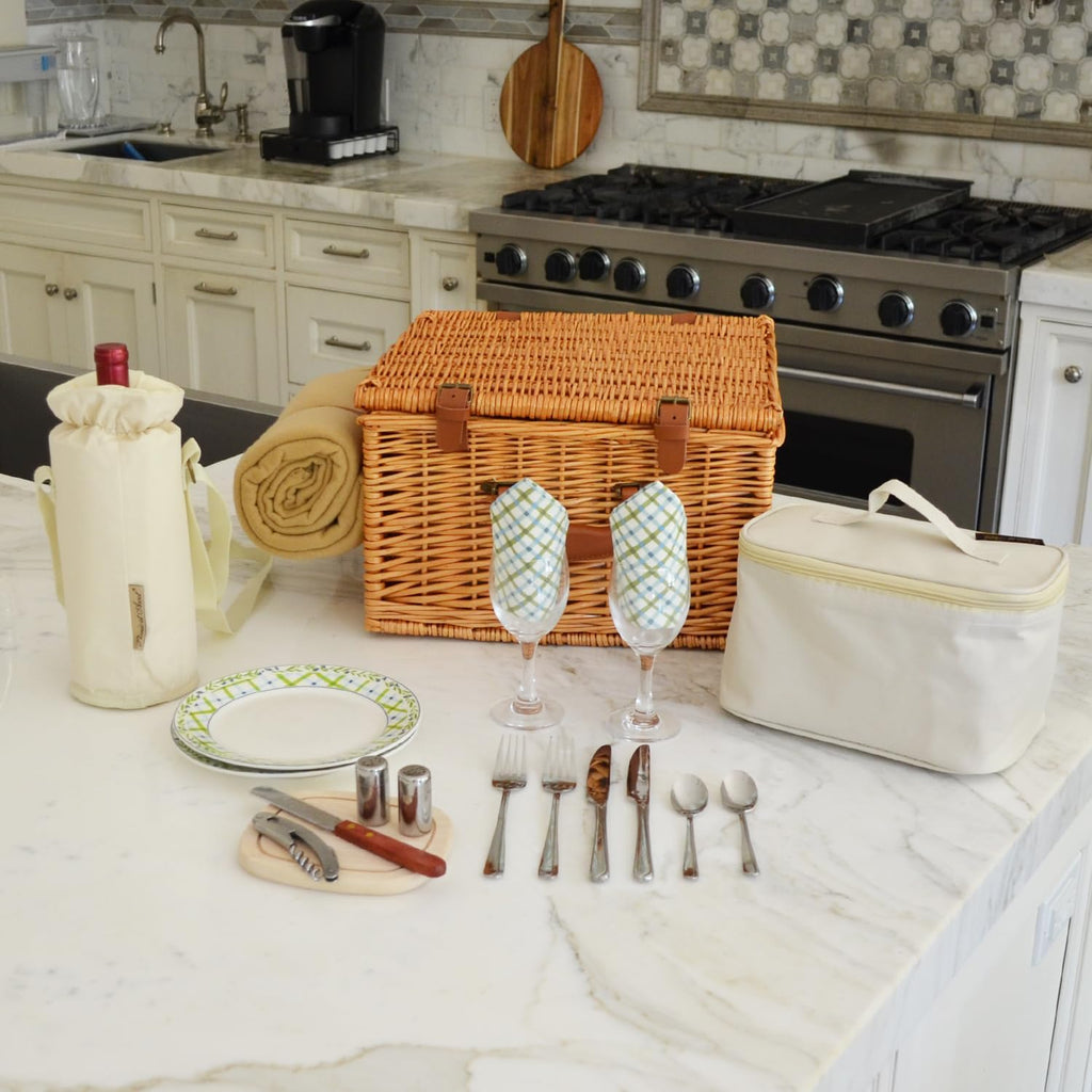 Original Cheshire English-Style Willow Picnic Basket with Service for 2 and Blanket- Designed, Assembled & Quality Approved in the USA