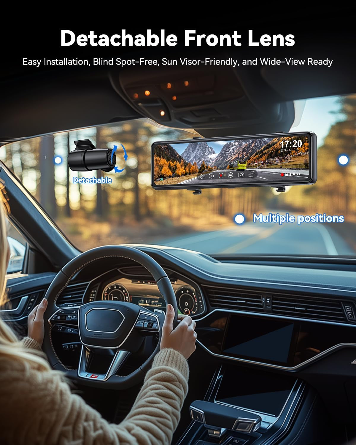 T860+ Mirror Dash Cam 4K Front and 2.5K Rear, Detached Front Camera for 10-Minute Install, 3X Zoom Rear View Mirror Camera, 64GB Card Included, Night Vision, WDR, Parking Assist, GPS