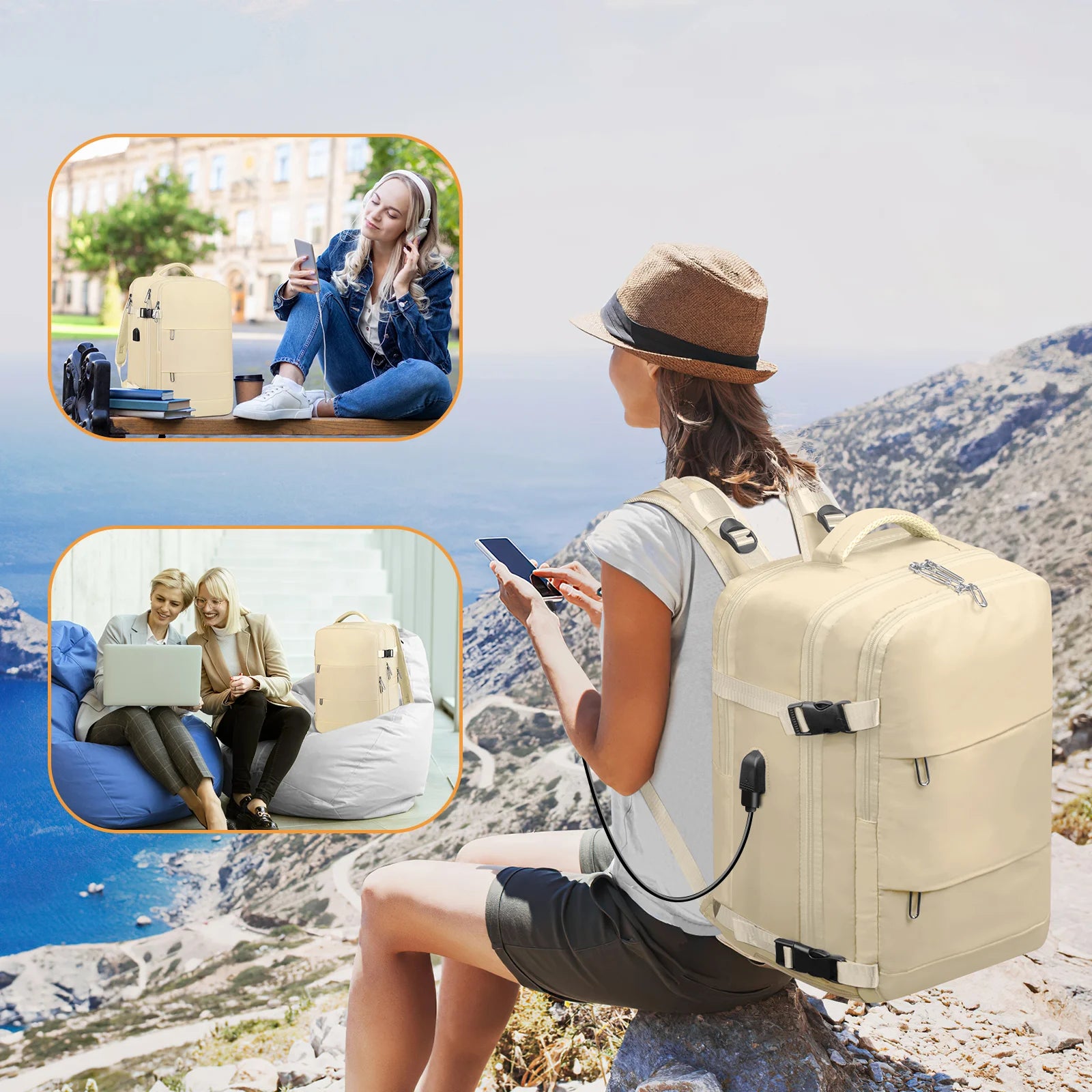 Travel Backpack for Women with USB Charging Port, Tsa-Approved Laptop Backpack, Lightweight Carry on Backpack Fit 15.6” Laptop for Weekend Trips, Business Travel & Hiking,Beige