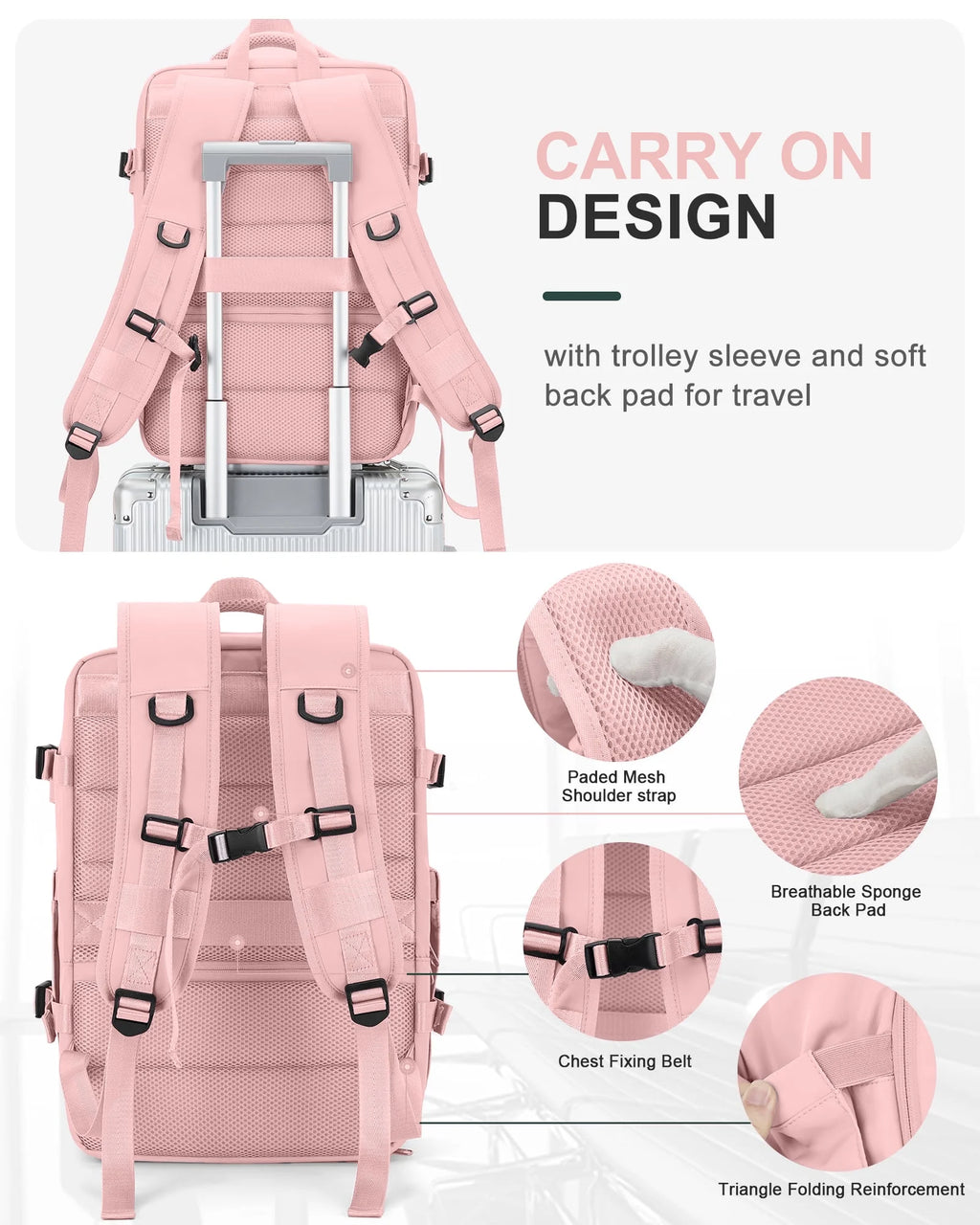 Large Travel Backpack for Women Carry on Laptop Backpack Flight Approved Waterproof College Bag with USB Charging Port & Shoe Pouch Casual Daypack for Adults for Weekender Business, Pink