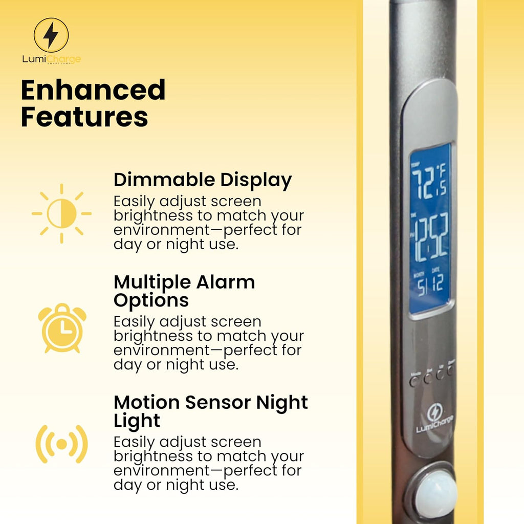 Lamp with Charging Station - Dimmable LED Desk Lamp with Qi 10W Fast Wireless Charger, Motion Sensor, Calendar Display, Alarm Clock, and USB Port, Compatible with Multiple Devices
