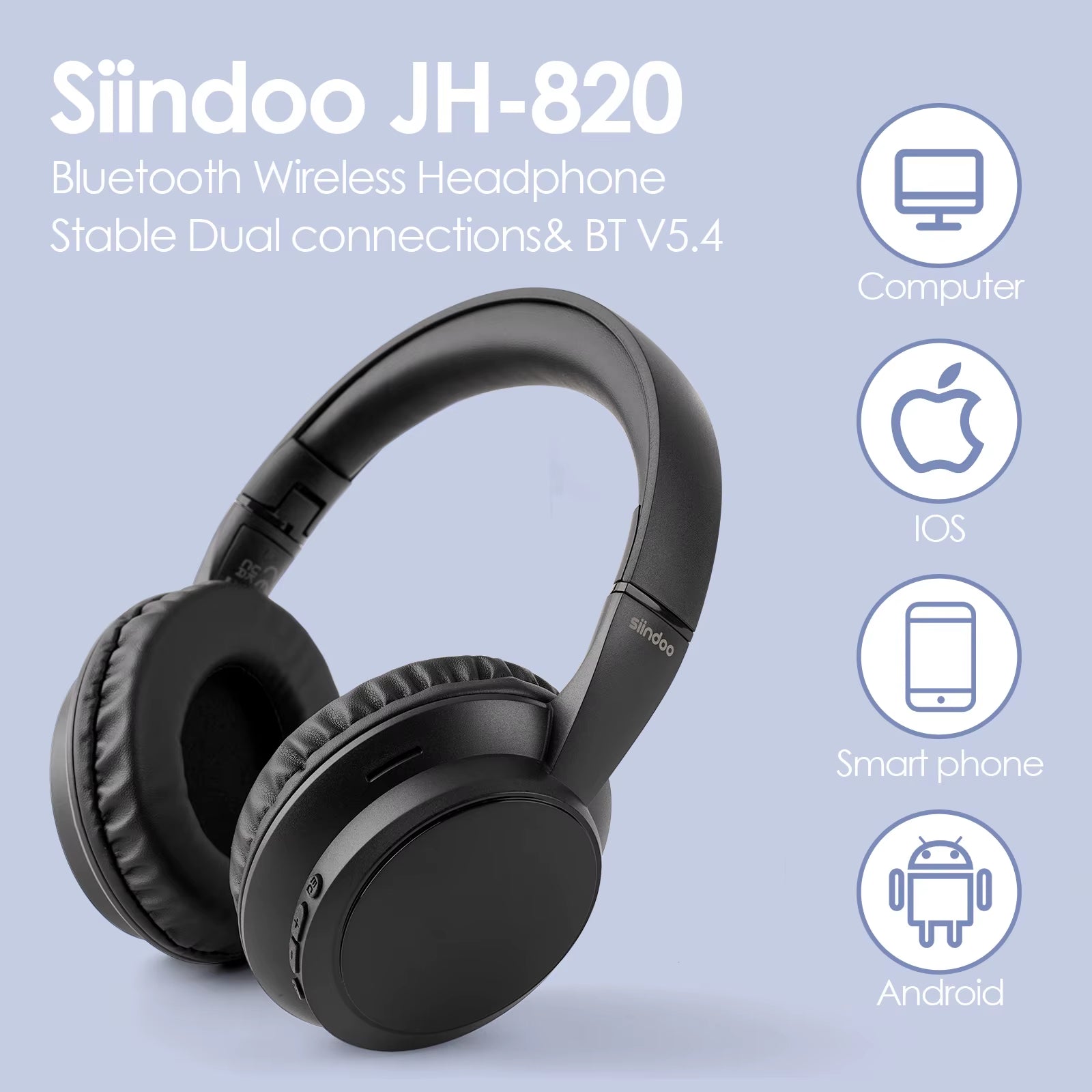 JH-820 Wireless Bluetooth Headphones, 60H Playtime,3 EQ Sound Modes,Foldable Lightweight Bluetooth 5.4 for Travel Study