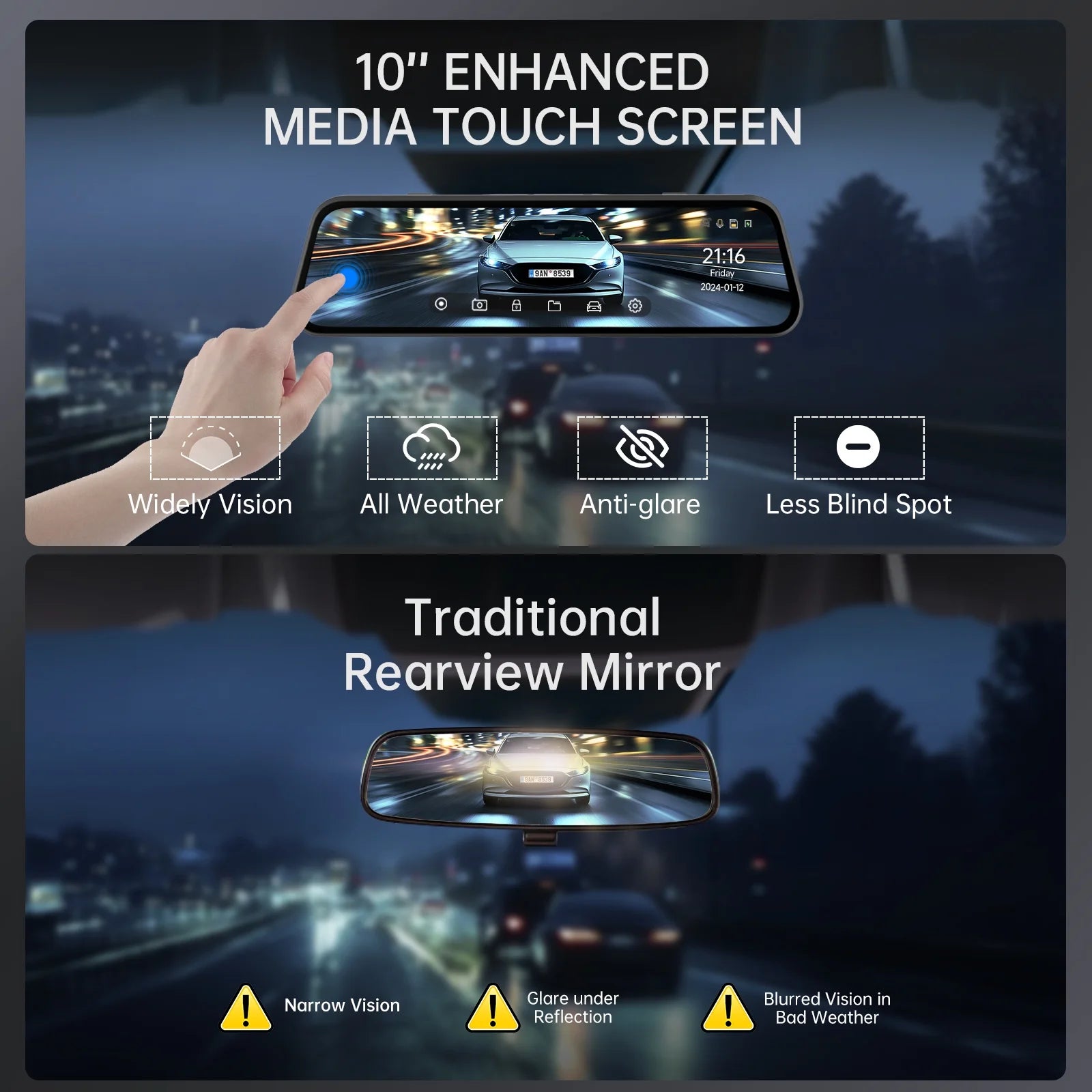 4K UHD Dual Dash Cam Front and Rear, 10"Touch Screen Mirror Camera, Night Vision, Voice Control, G-Sensor, 32GB SD"