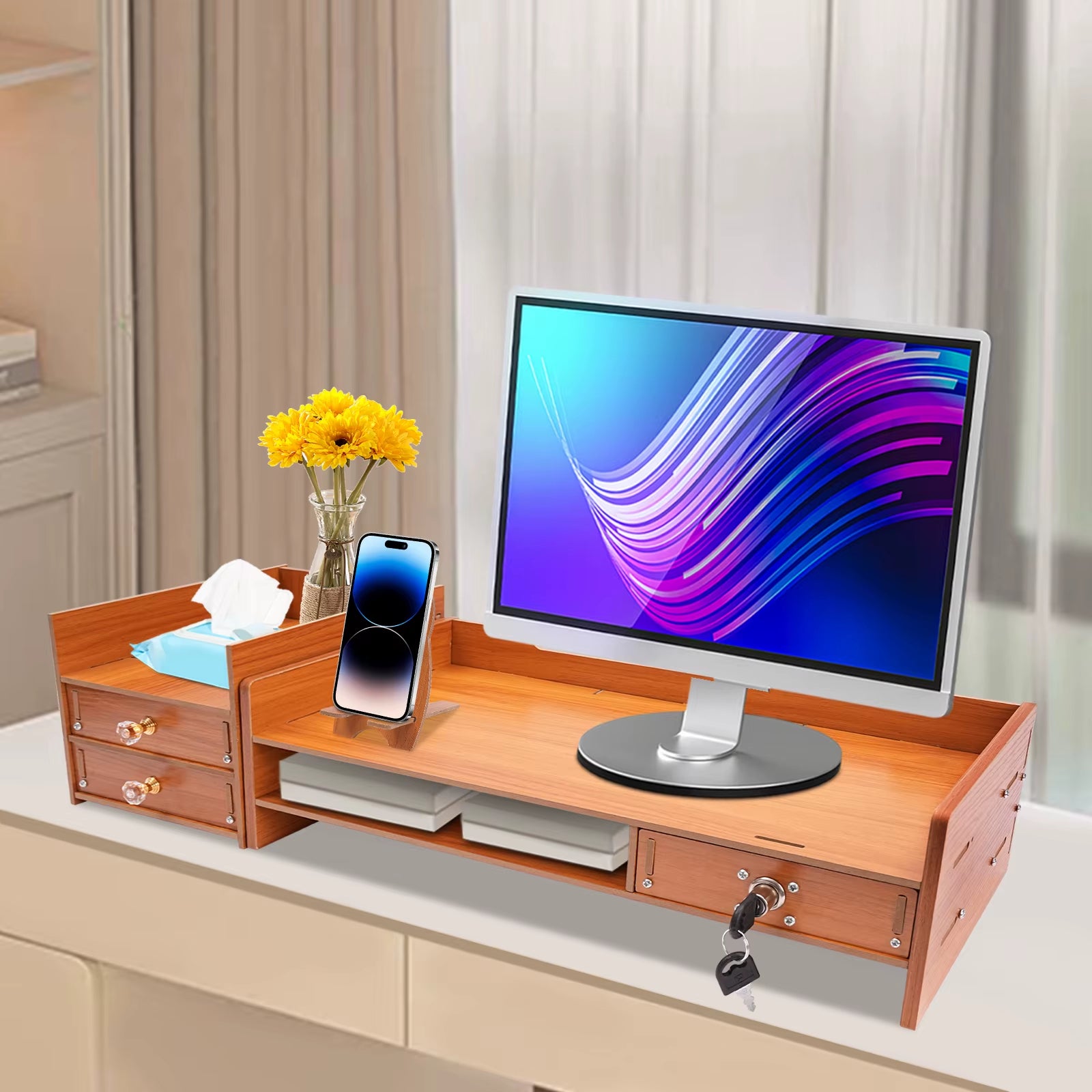 Professional Computer Monitor Stand with Storage Drawers for Home Office Desktop Organization