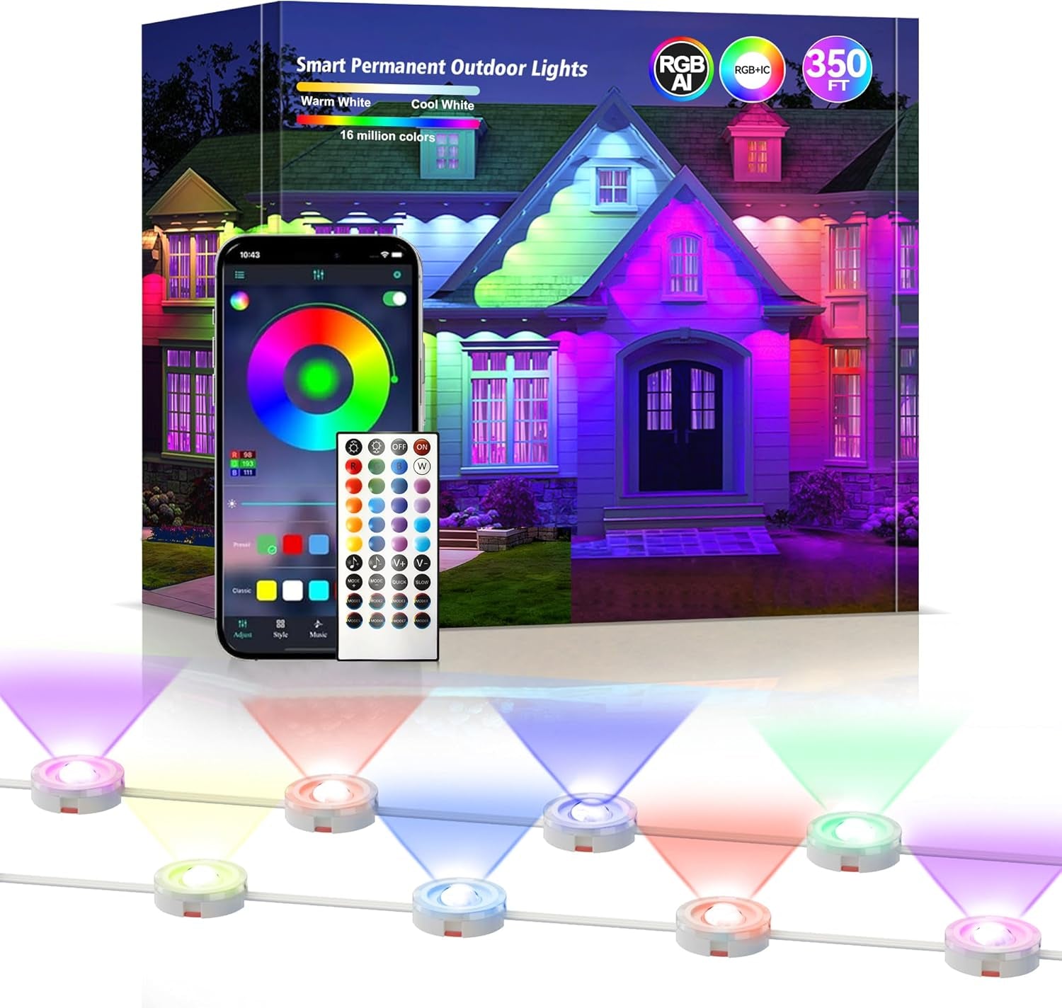 Permanent Outdoor Lights 350Ft RGB+IC Outdoor String Lights App Control IP67 Waterproof,120 Scene Modes Decorations for Home, Christmas,Halloween,Holiday, Daily,Birthday,Party Decor( 175Ft*2Pack)