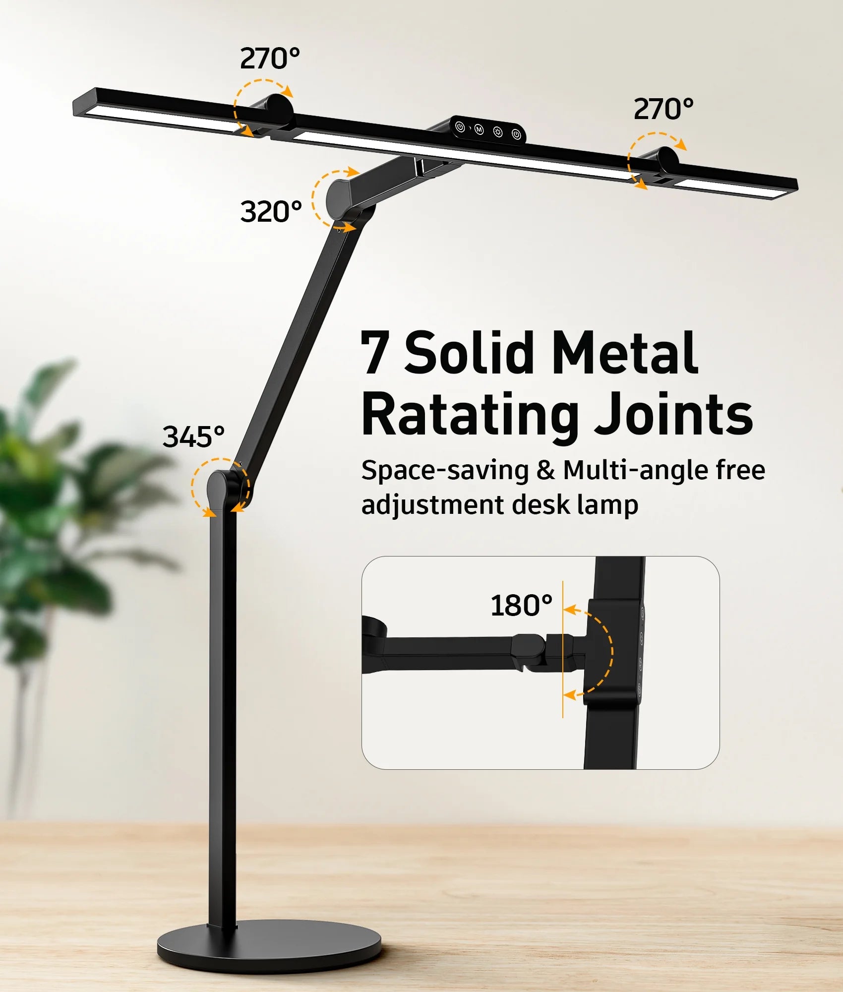 LED Desk Lamp with Base, 270°-360° Angle-Adjustable 3-Light Bars Architect Office Desk Lamp , 24W Desk Lights for Home Office, Eye Care Auto Stepless Dimming Desk Light, 7×5 Lighting Modes