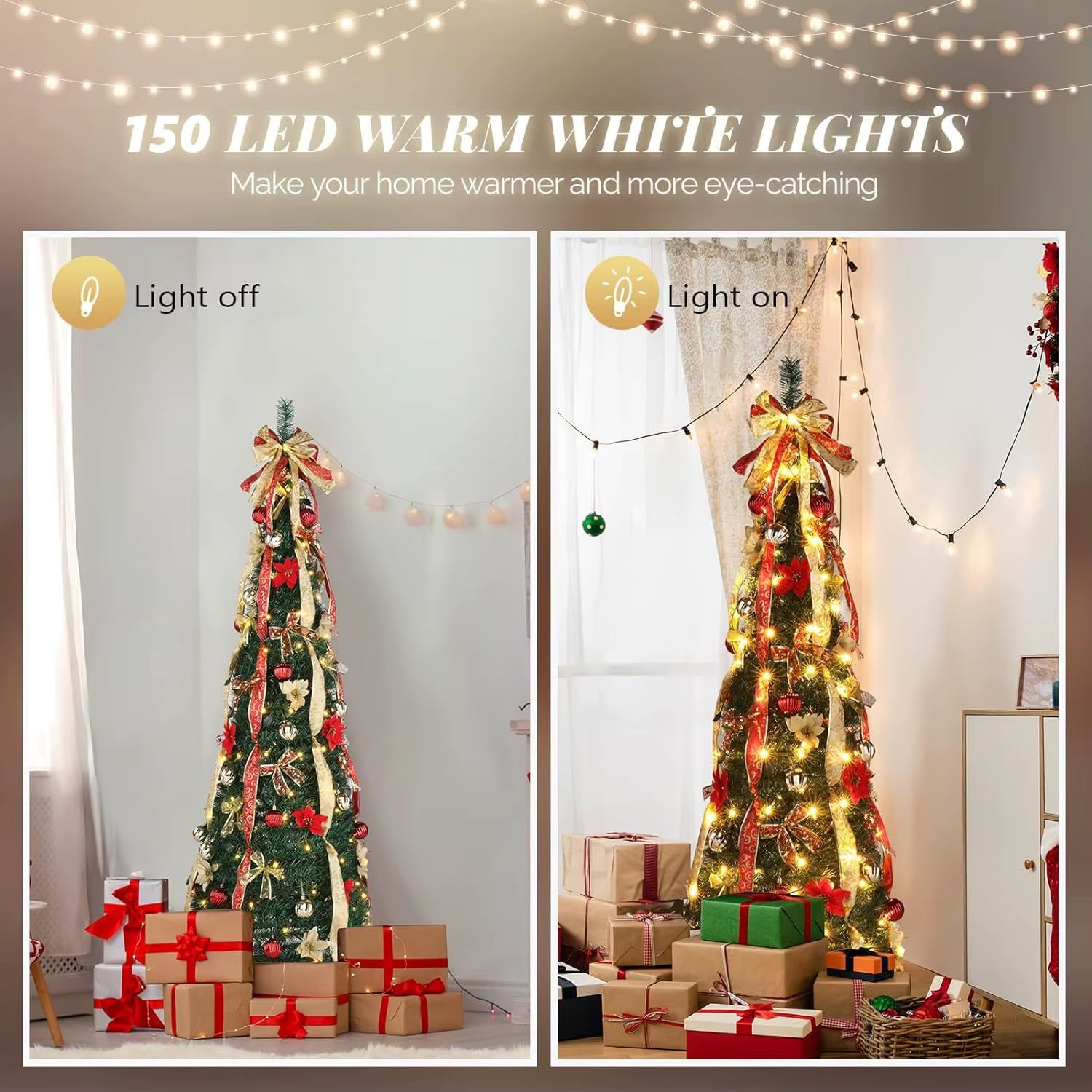 Retractable Folding Christmas Tree (4ft-6ft) with Integrated Lights - Decorative Spiral Design