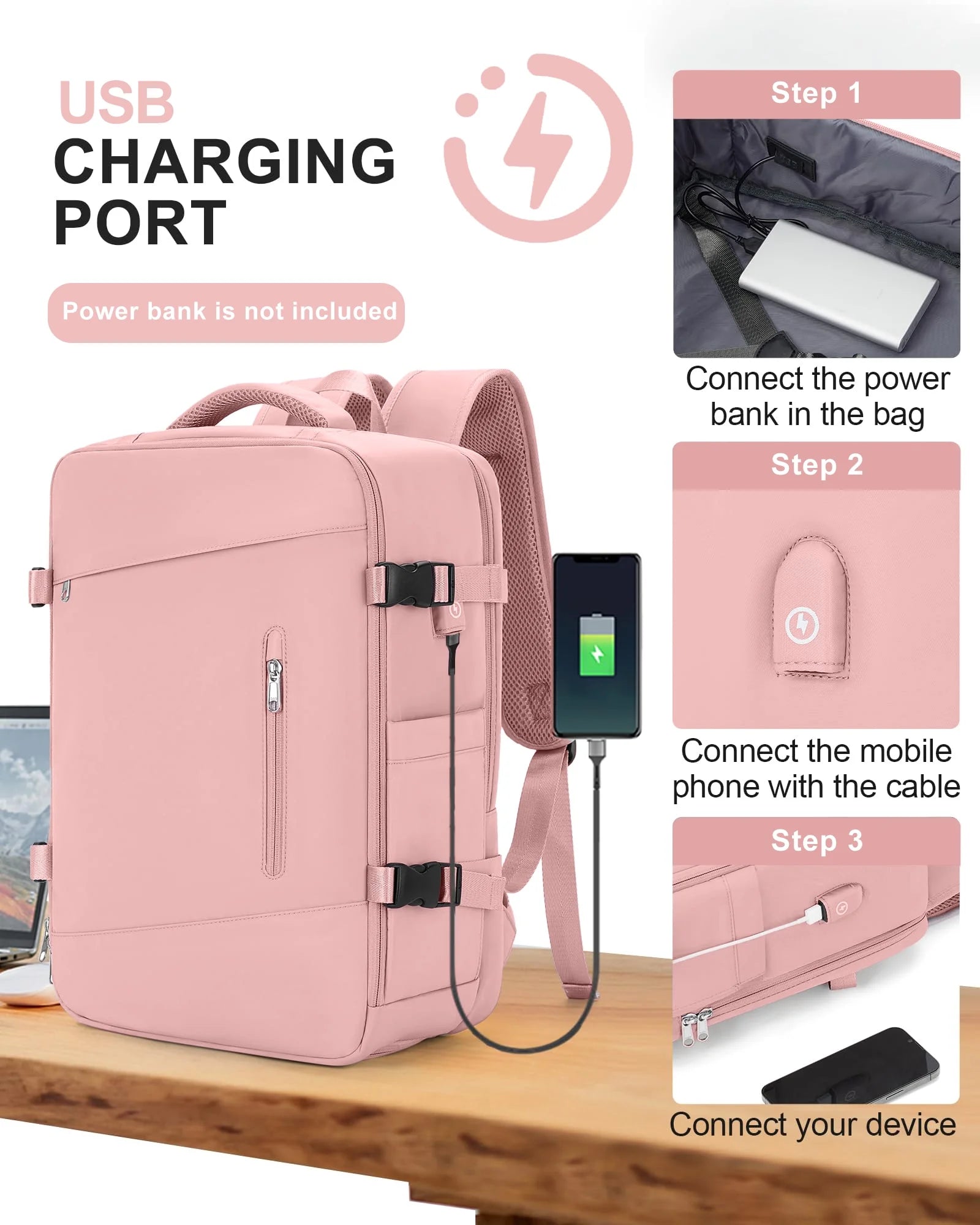 Large Travel Backpack for Women Carry on Laptop Backpack Flight Approved Waterproof College Bag with USB Charging Port & Shoe Pouch Casual Daypack for Adults for Weekender Business, Pink