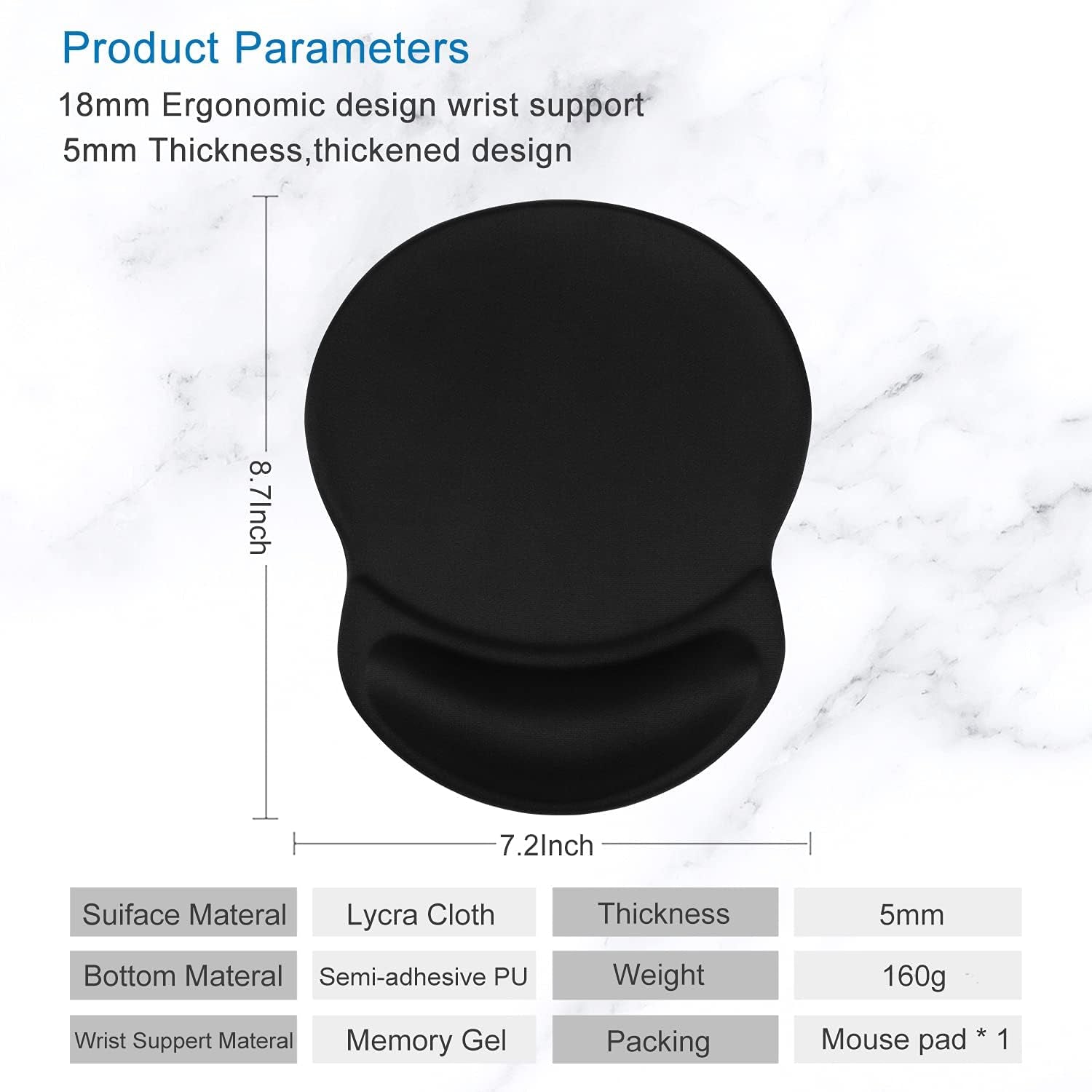 Ergonomic Mouse Pad with Gel Wrist Rest Support Gaming Small Wrist Rest Smooth Surface Non-Slip PU Base Comfortable Office Supplies Pain Relief, 8.7 X 7.2 Inches, Black