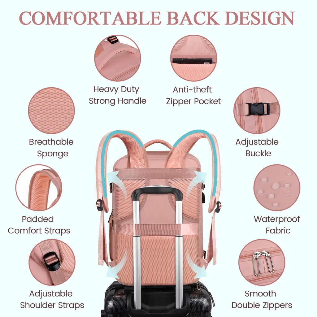 Travel Backpack for Women with USB Charging Port, Tsa-Approved Laptop Backpack, Lightweight Carry on Backpack Fit 15.6” Laptop for Weekend Trips, Business Travel & Hiking, Pink