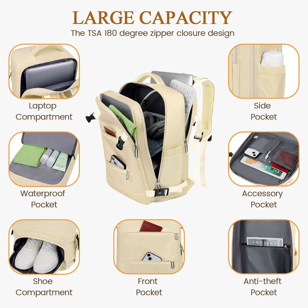 Travel Backpack for Women with USB Charging Port, Tsa-Approved Laptop Backpack, Lightweight Carry on Backpack Fit 15.6” Laptop for Weekend Trips, Business Travel & Hiking,Beige