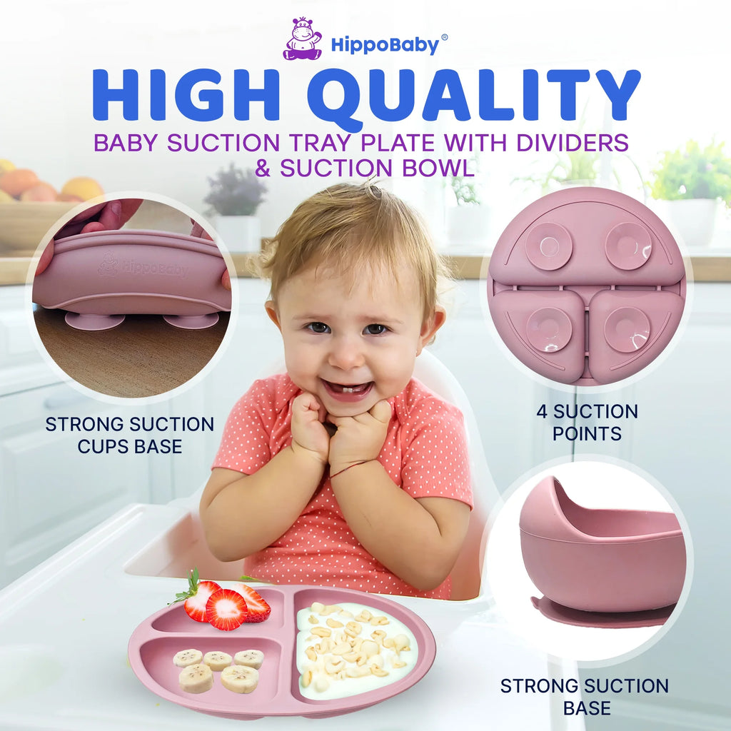 Baby Led Weaning Supplies | 10 Piece Silicone Feeding Set | Baby Toddler Bib Cup Divided Plate and Bowl Self Feeding Spoons Dish Set | Toddler Feeding Supplies (Rose Quartz)