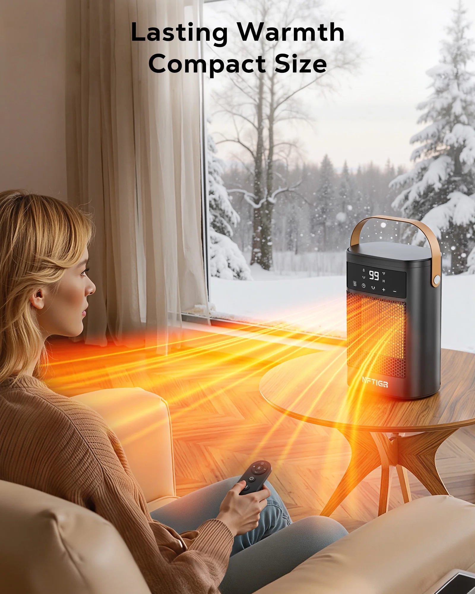 Small Portable Space Heater for Indoor with Remote, 1500W PTC Electric Heaters 70°Rotating, 12 H Timer,3 Modes, New