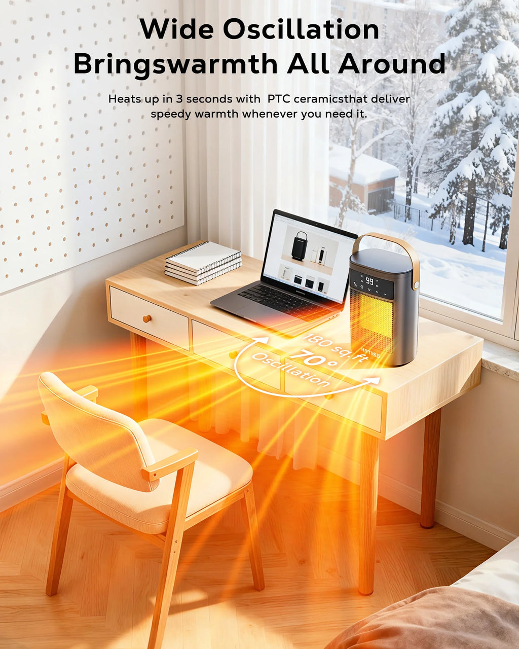 Small Portable Space Heater for Indoor with Remote, 1500W PTC Electric Heaters 70°Rotating, 12 H Timer,3 Modes, New