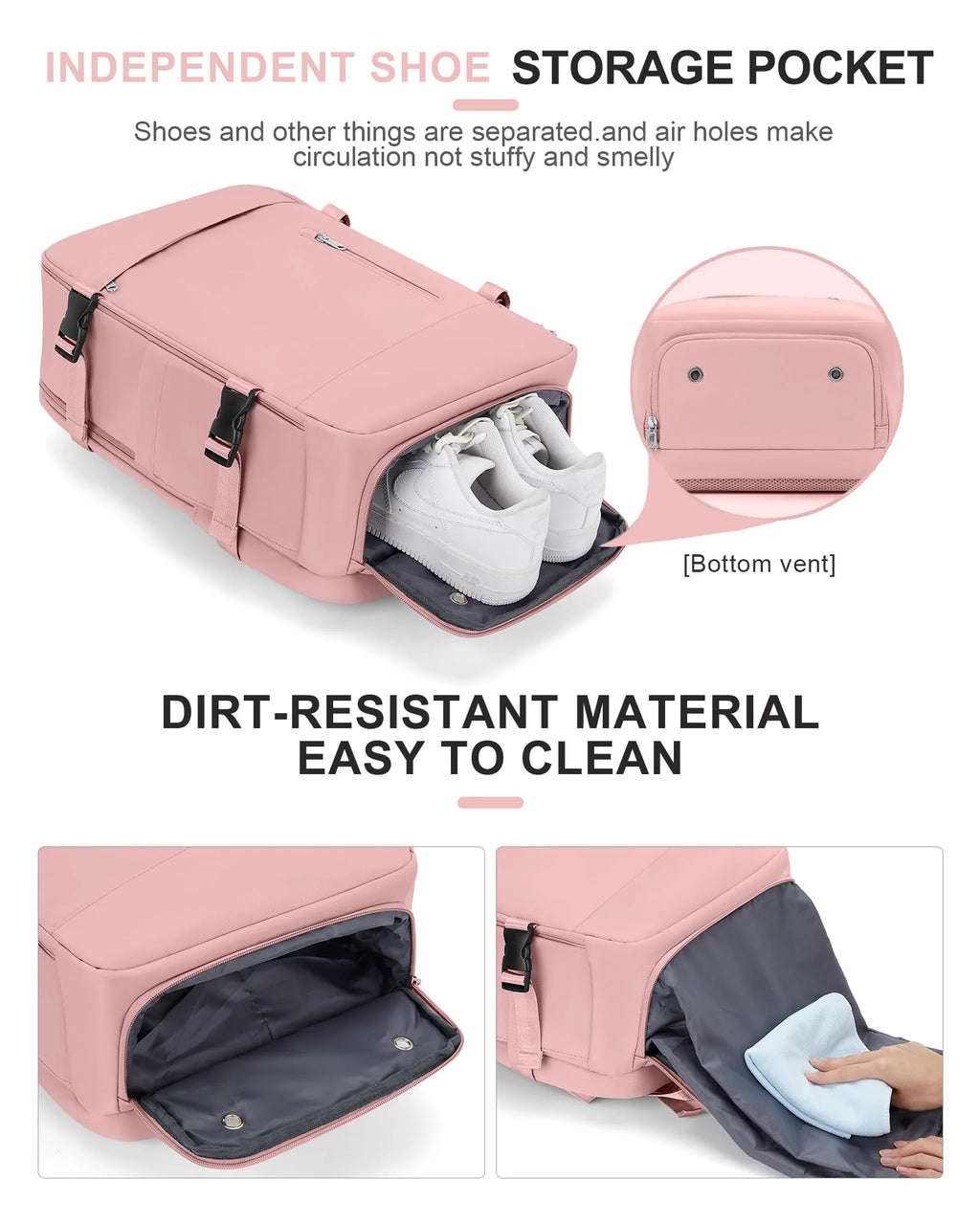 Large Travel Backpack for Women Carry on Laptop Backpack Flight Approved Waterproof College Bag with USB Charging Port & Shoe Pouch Casual Daypack for Adults for Weekender Business, Pink