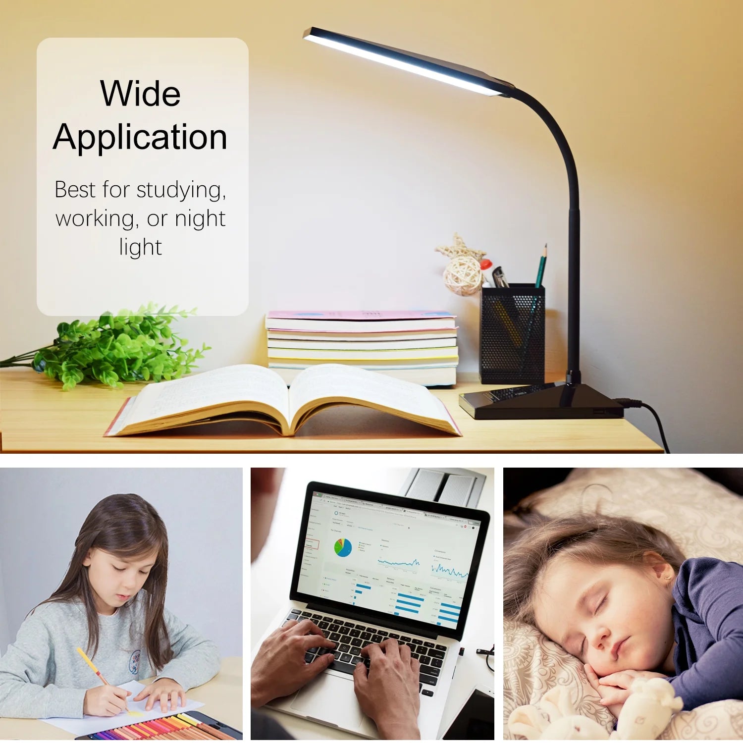 12W 72 Leds LED Desk Lamp USB Charging Port 5 Modes 7 Brightness Touch Control Eye Caring Table Reading Light Black