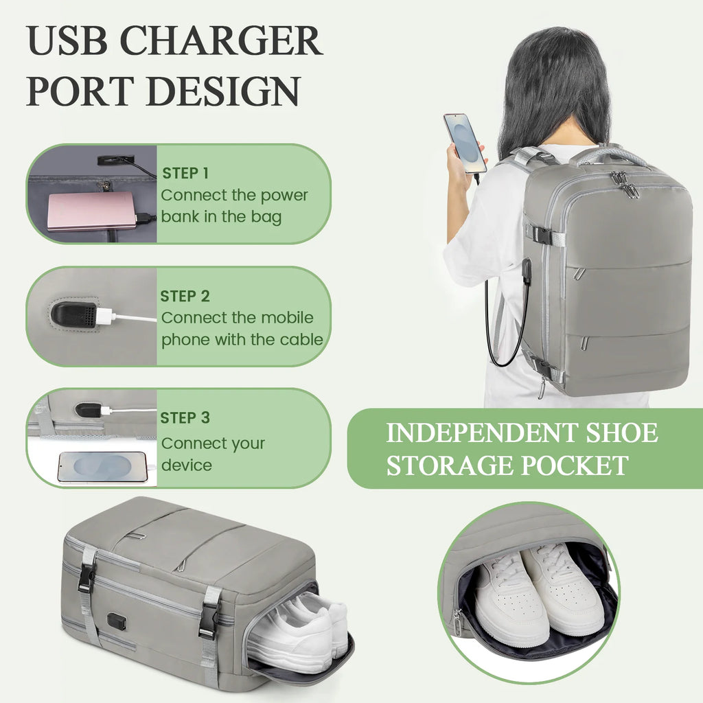 Travel Backpack for Women with USB Charging Port, Tsa-Approved Laptop Backpack, Lightweight Carry on Backpack Fit 15.6” Laptop for Weekend Trips, Business Travel & Hiking, Gray